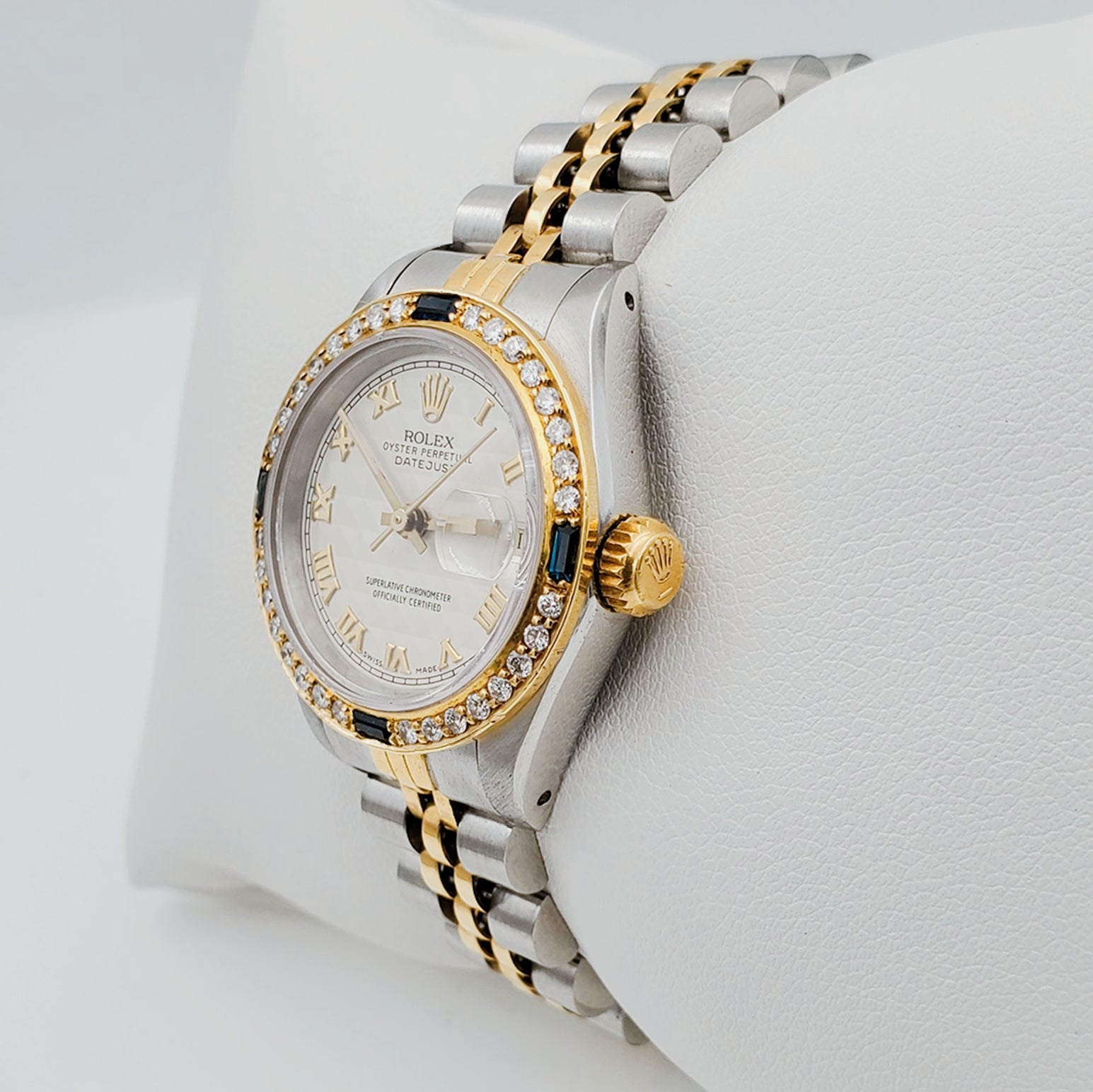 Women's Rolex 18K Gold Two-Tone 26mm DateJust Watch with Roman Numerals, Off-White Dial and Sapphire Diamond Bezel. (Pre-Owned)