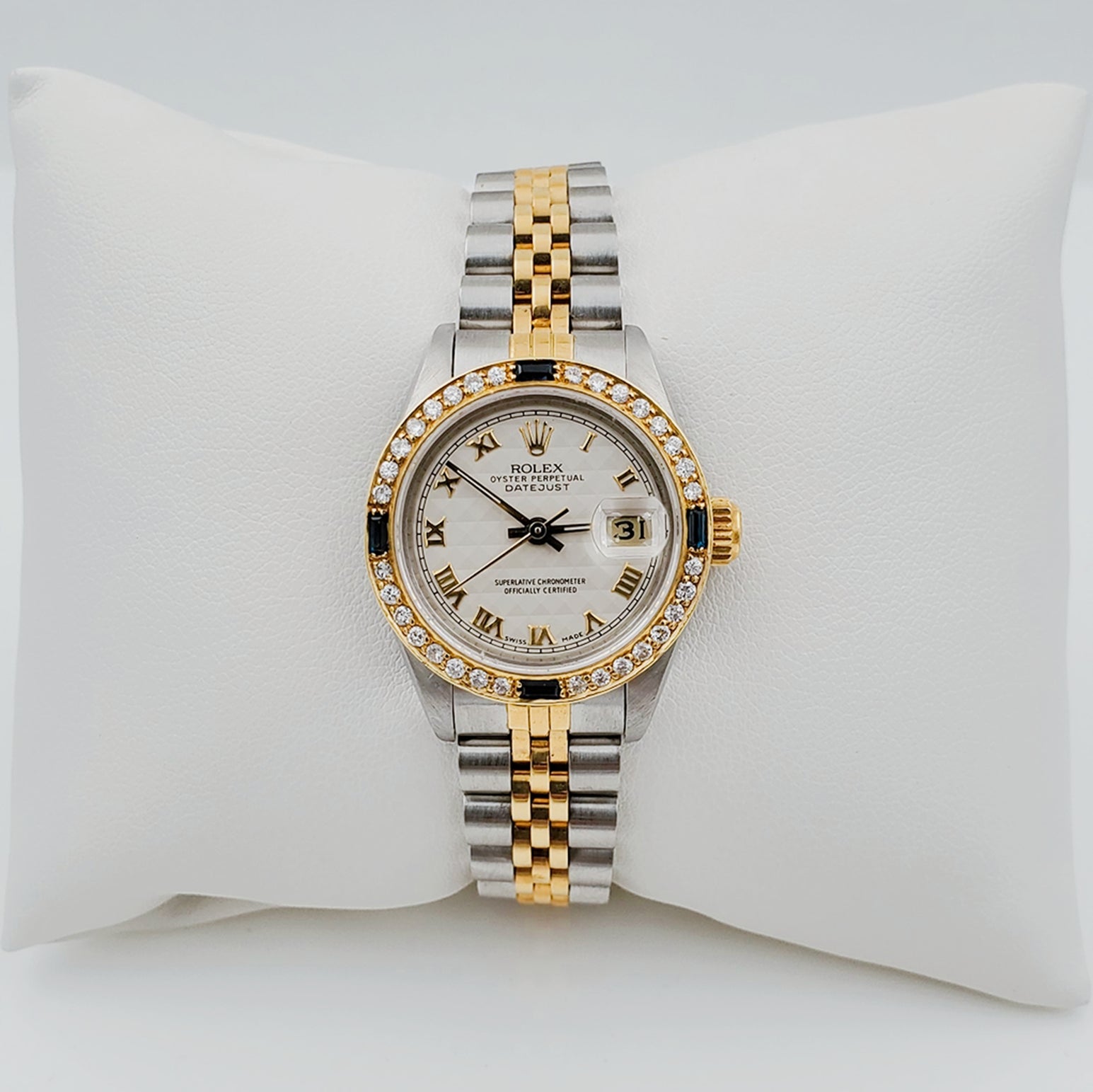 Ladies Rolex 18K Gold Two Tone 26mm DateJust Watch with Roman Numerals, Off-White Dial and Sapphire Diamond Bezel. (Pre-Owned)