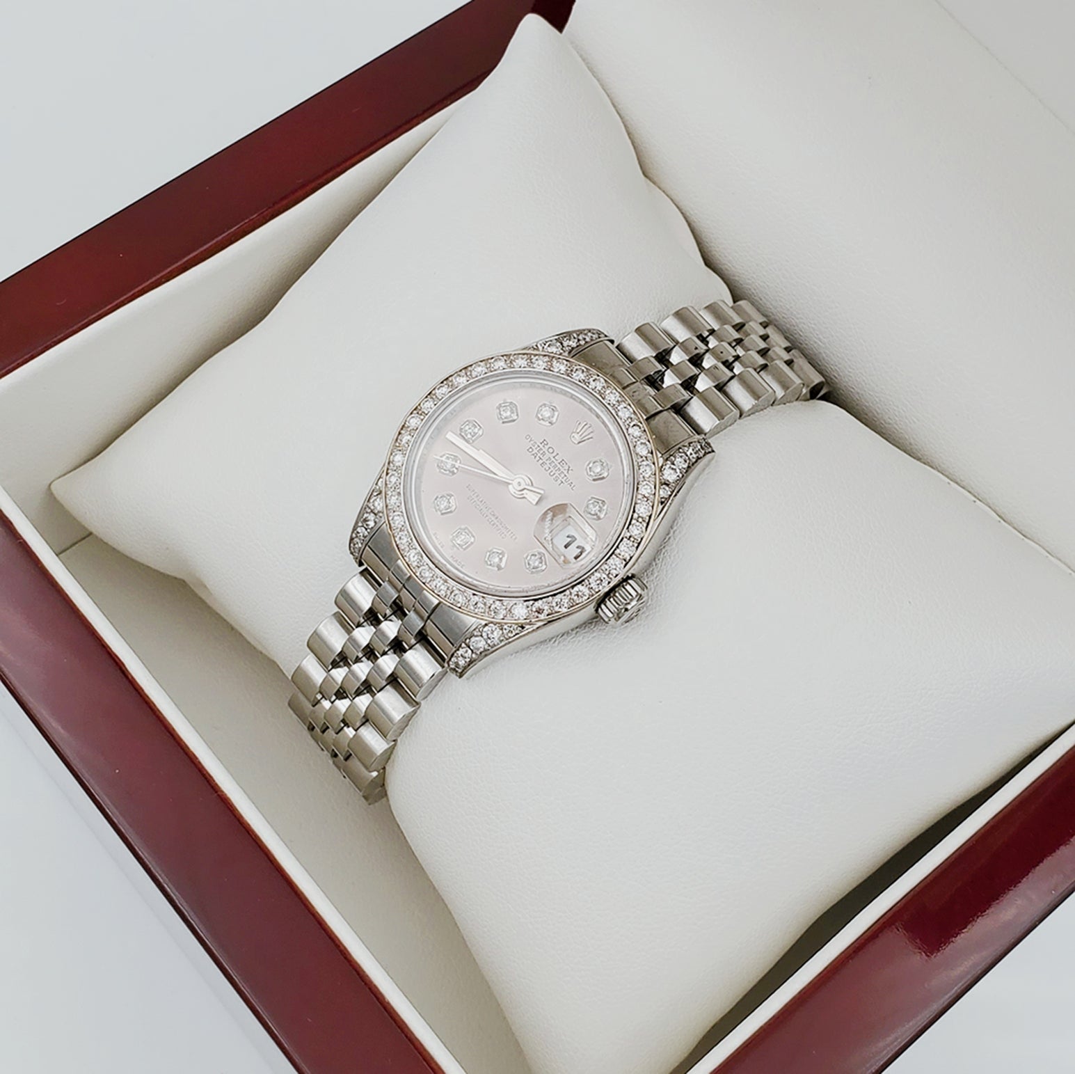 Ladies Rolex 26mm DateJust Stainless Steel Watch with Gray Diamond Dial and Custom Diamond Bezel. (Pre-Owned)