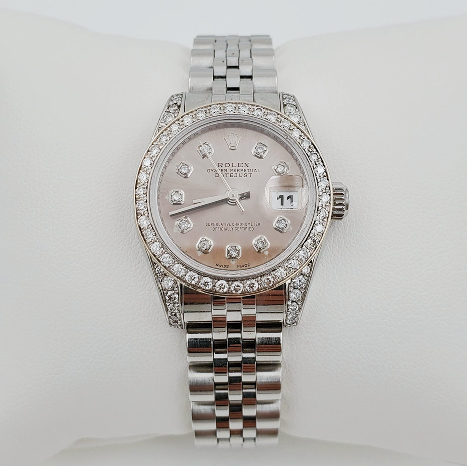 Ladies Rolex 26mm DateJust Stainless Steel Watch with Gray Diamond Dial and Custom Diamond Bezel. (Pre-Owned)