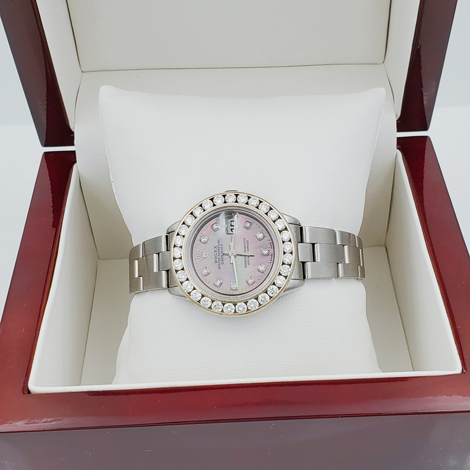 Ladies Rolex 26mm DateJust Stainless Steel Watch with Mother of Pearl Black Diamond Dial and Custom Diamond Bezel. (Pre-Owned)