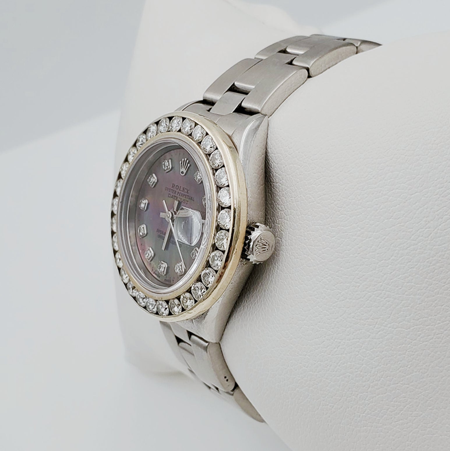 Women's Rolex 26mm DateJust Stainless Steel Watch with Black Mother of Pearl Diamond Dial and Custom Diamond Bezel. (Pre-Owned)