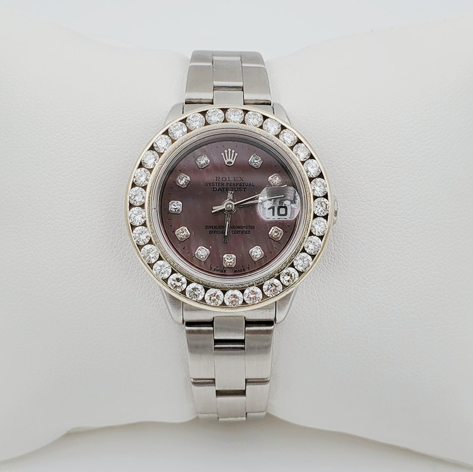 Ladies Rolex 26mm DateJust Stainless Steel Watch with Mother of Pearl Black Diamond Dial and Custom Diamond Bezel. (Pre-Owned)