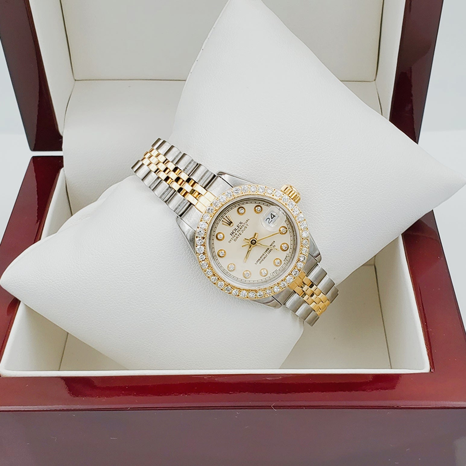 Ladies Rolex 26mm DateJust 18K Gold / Two Tone Stainless Steel Watch with Beige Diamond Dial and Diamond Bezel. (Pre-Owned)