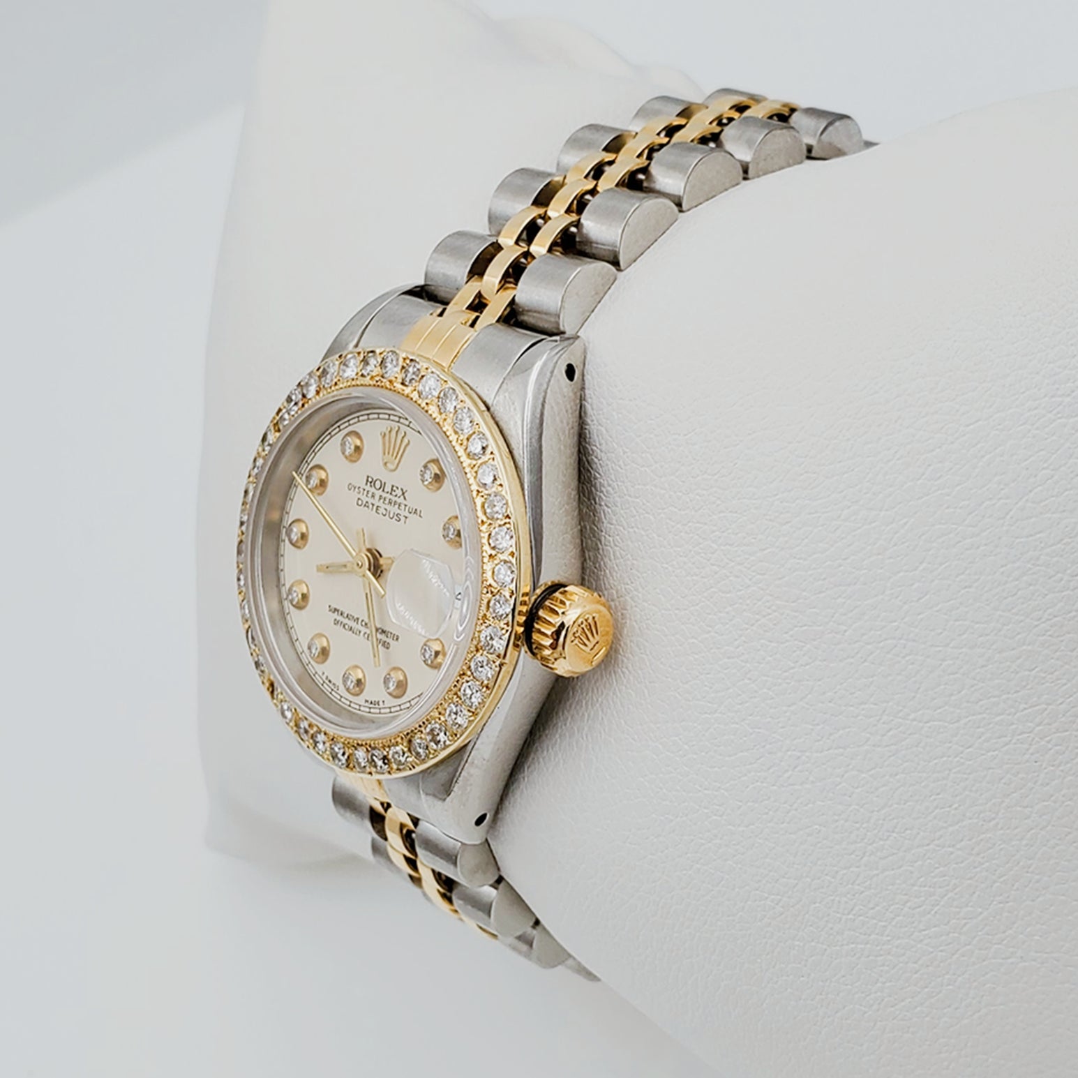 Women's Rolex 26mm DateJust 18K Gold / Two-Tone Stainless Steel Watch with Beige Diamond Dial and Diamond Bezel. (Pre-Owned)