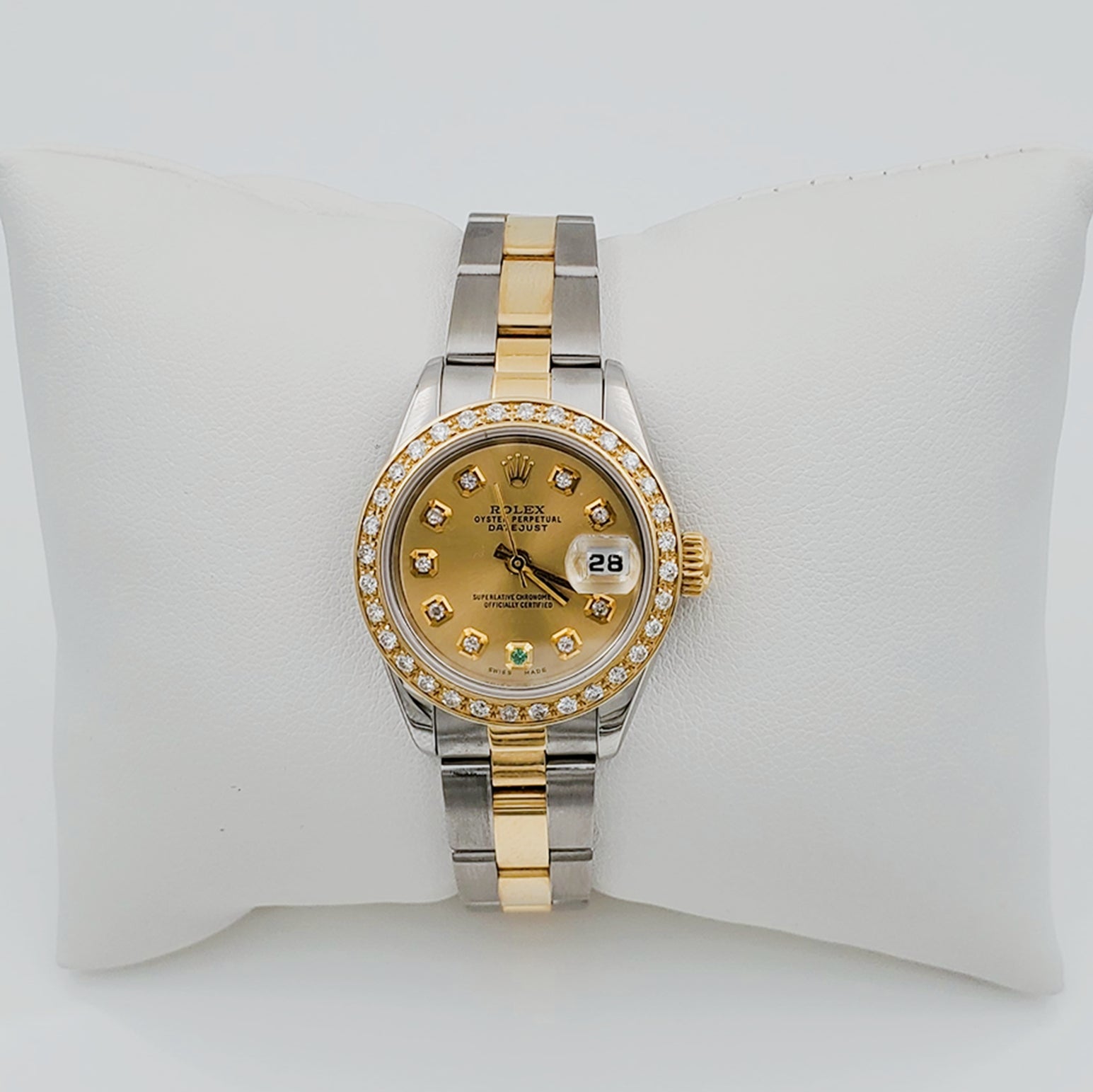 Ladies Rolex 26mm DateJust 18K Gold / Two Tone Watch with Champagne Diamond / Emerald Dial and Custom Diamond Bezel. (Pre-Owned)