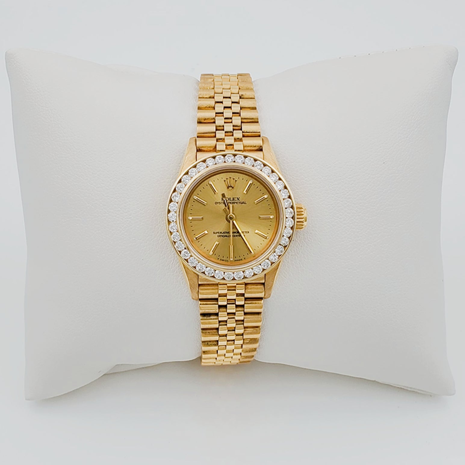 Ladies Rolex 26mm DateJust 18K Solid Yellow Gold Watch with Champagne Dial and Custom Diamond Bezel. (Pre-Owned)
