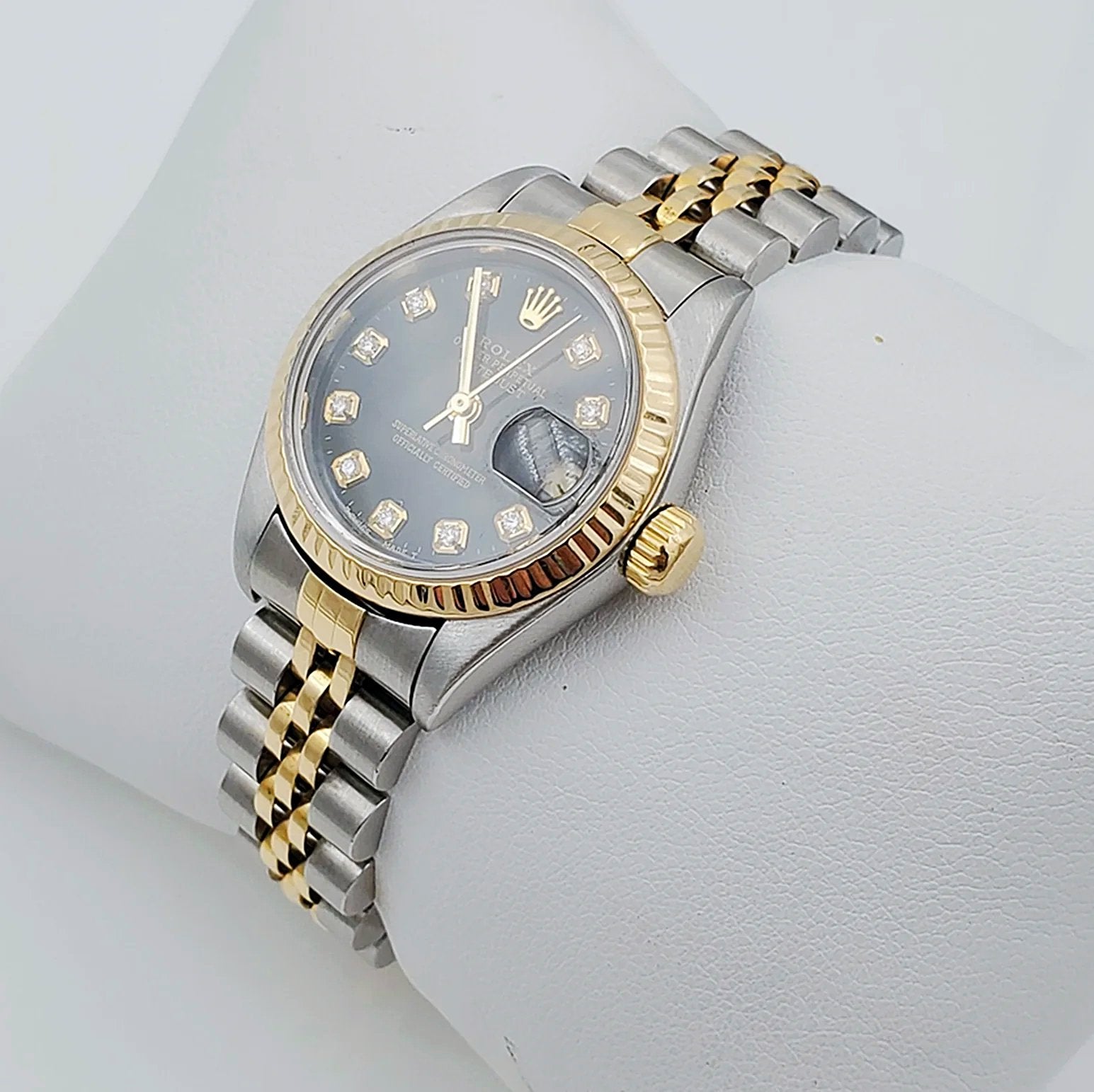 Women's Rolex Two-Tone 18K Gold 26mm DateJust Watch with Black Diamond Dial and Fluted Bezel. (Pre-Owned)