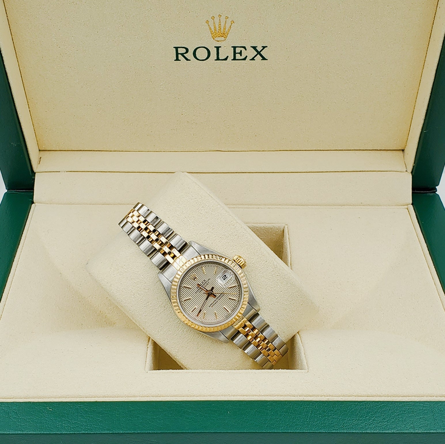 Ladies Rolex 26mm DateJust Two Tone 18K Yellow Gold / Stainless Steel Watch with Tapestry Dial and Fluted Bezel. (Pre-Owned)