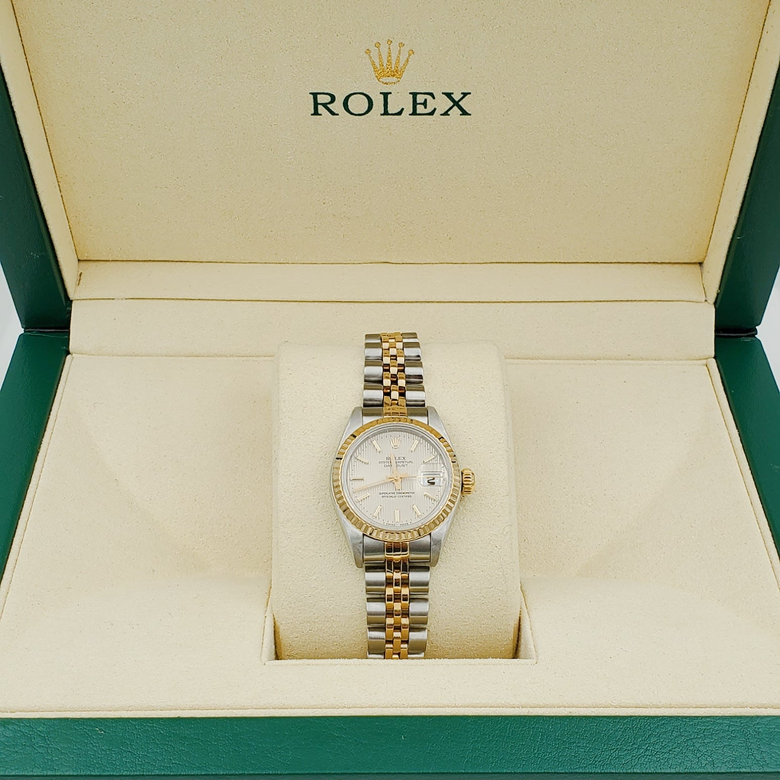 Ladies Rolex 26mm DateJust Two Tone 18K Yellow Gold / Stainless Steel Watch with Tapestry Dial and Fluted Bezel. (Pre-Owned)