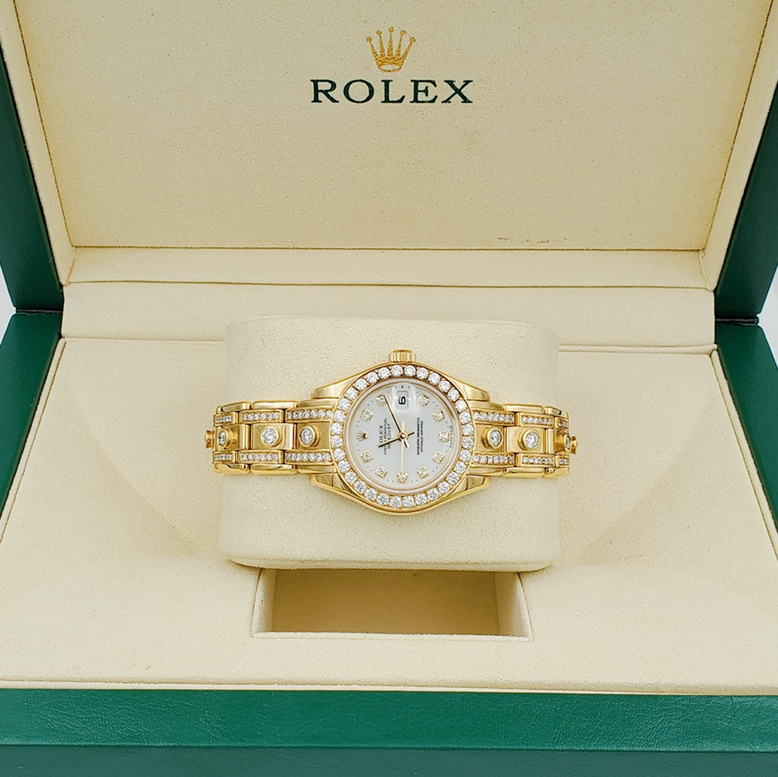 Ladies Rolex 29mm Pearlmaster 18k Yellow Gold Rolex Watch with White Diamond Dial, Diamond Bezel and Diamond Band. (Pre-Owned)