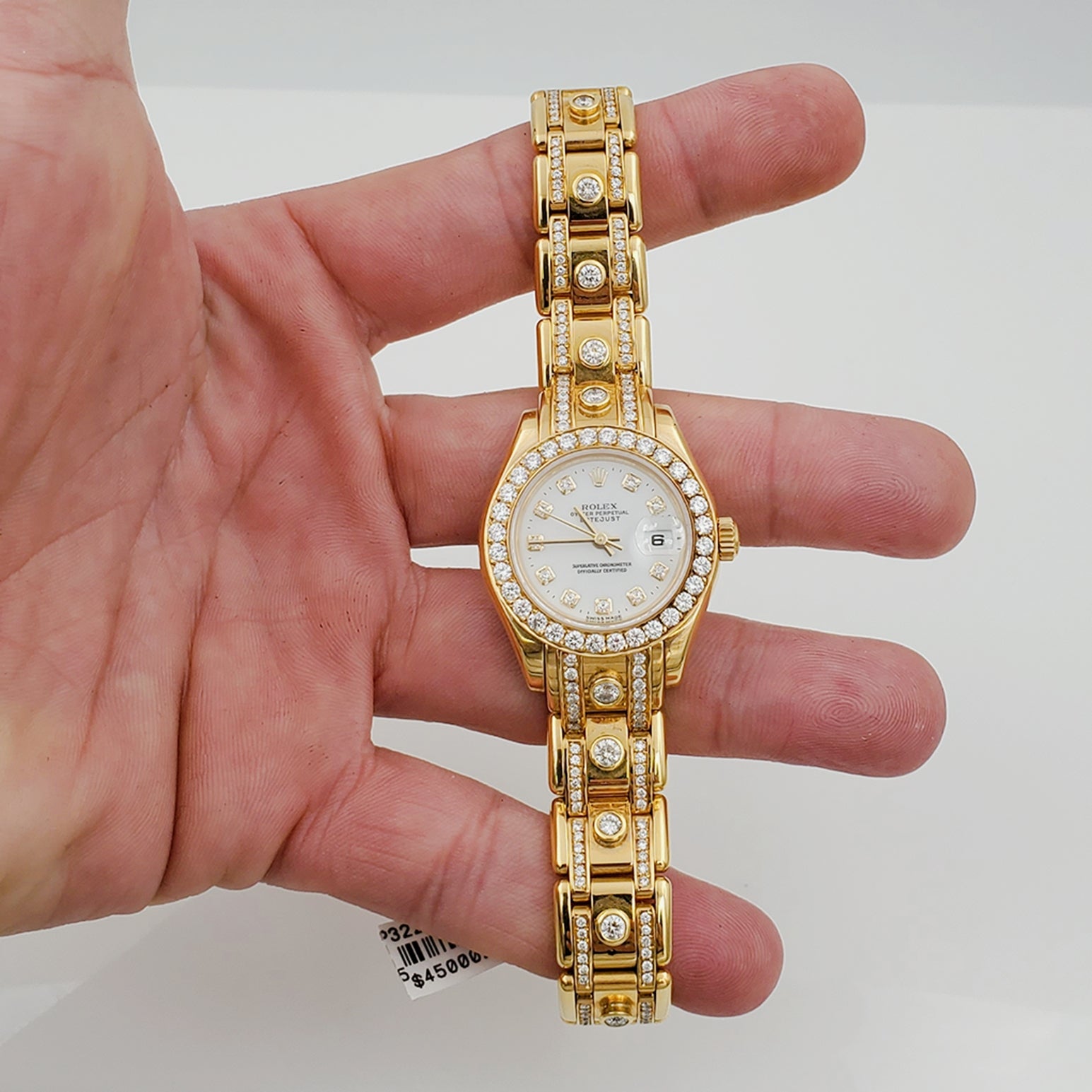Ladies Rolex 29mm Pearlmaster 18k Yellow Gold Rolex Watch with White Diamond Dial, Diamond Bezel and Diamond Band. (Pre-Owned)