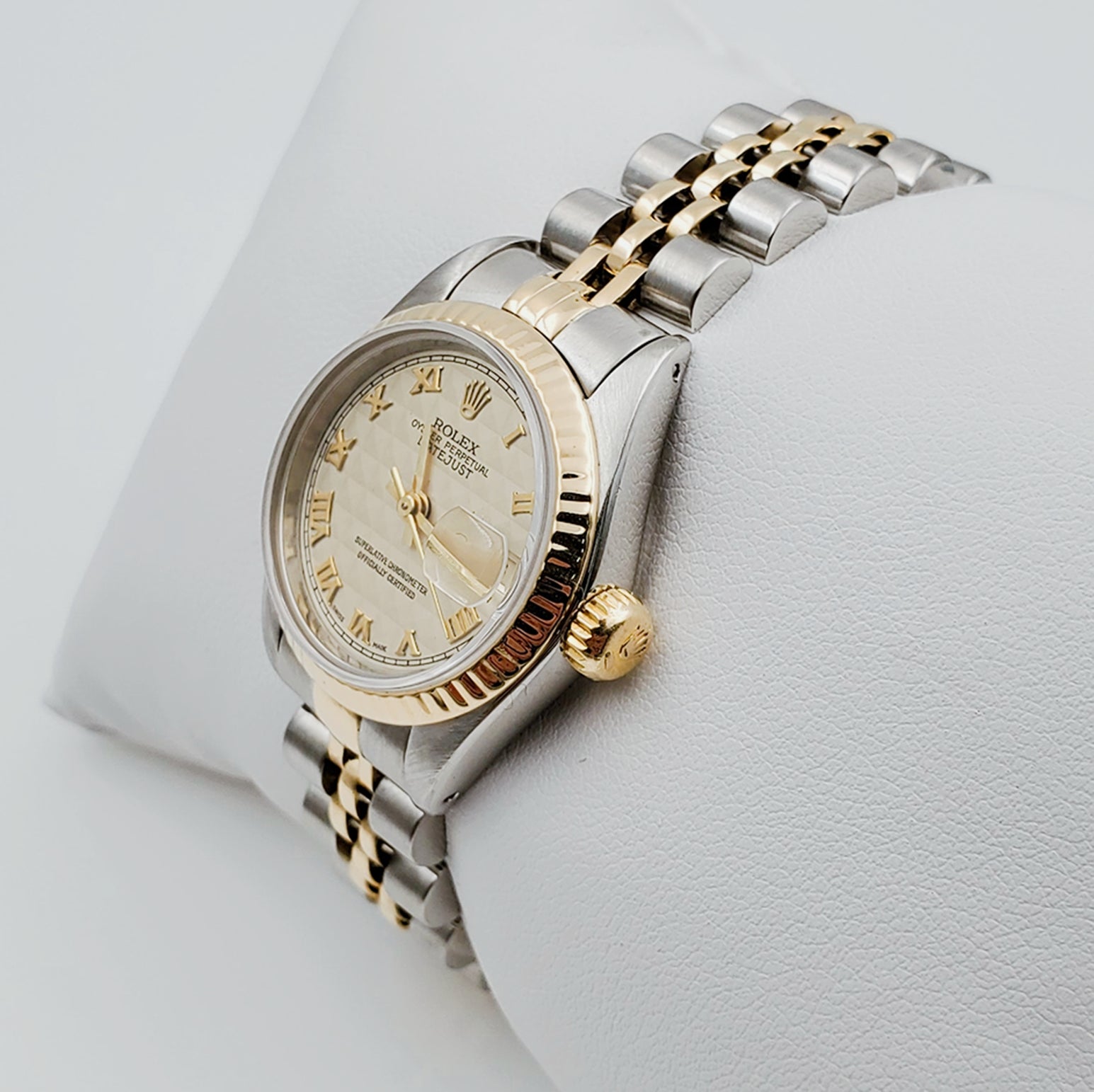 Women's Rolex 18K Gold 26mm Two-Tone DateJust Watch with 3D Gold Dial, Roman Numerals and Fluted Bezel. (Pre-Owned)
