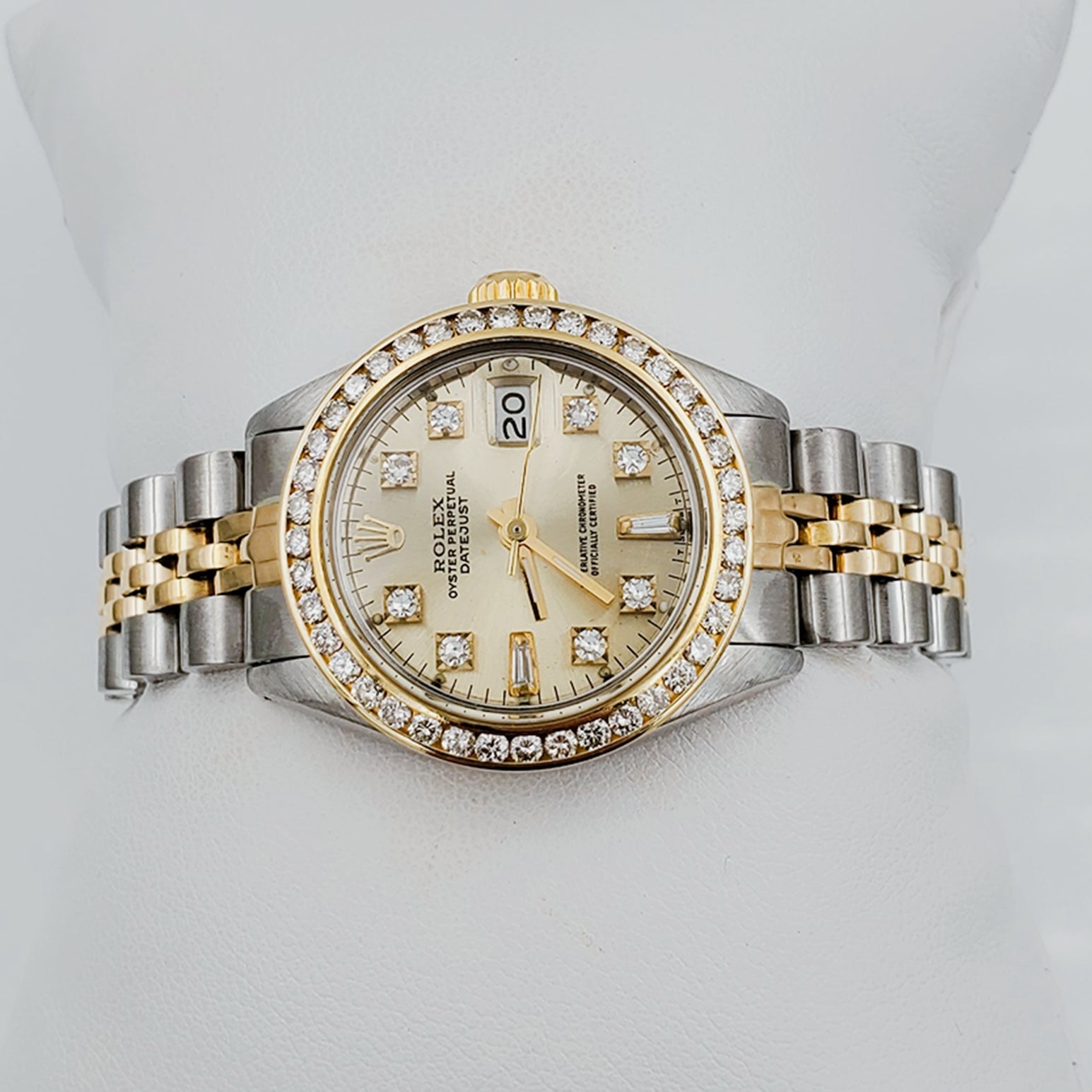 Ladies Rolex 26mm DateJust Two Tone Jubilee Band 18K Gold Watch with Gold Diamond Dial and Diamond Bezel. (Pre-Owned)