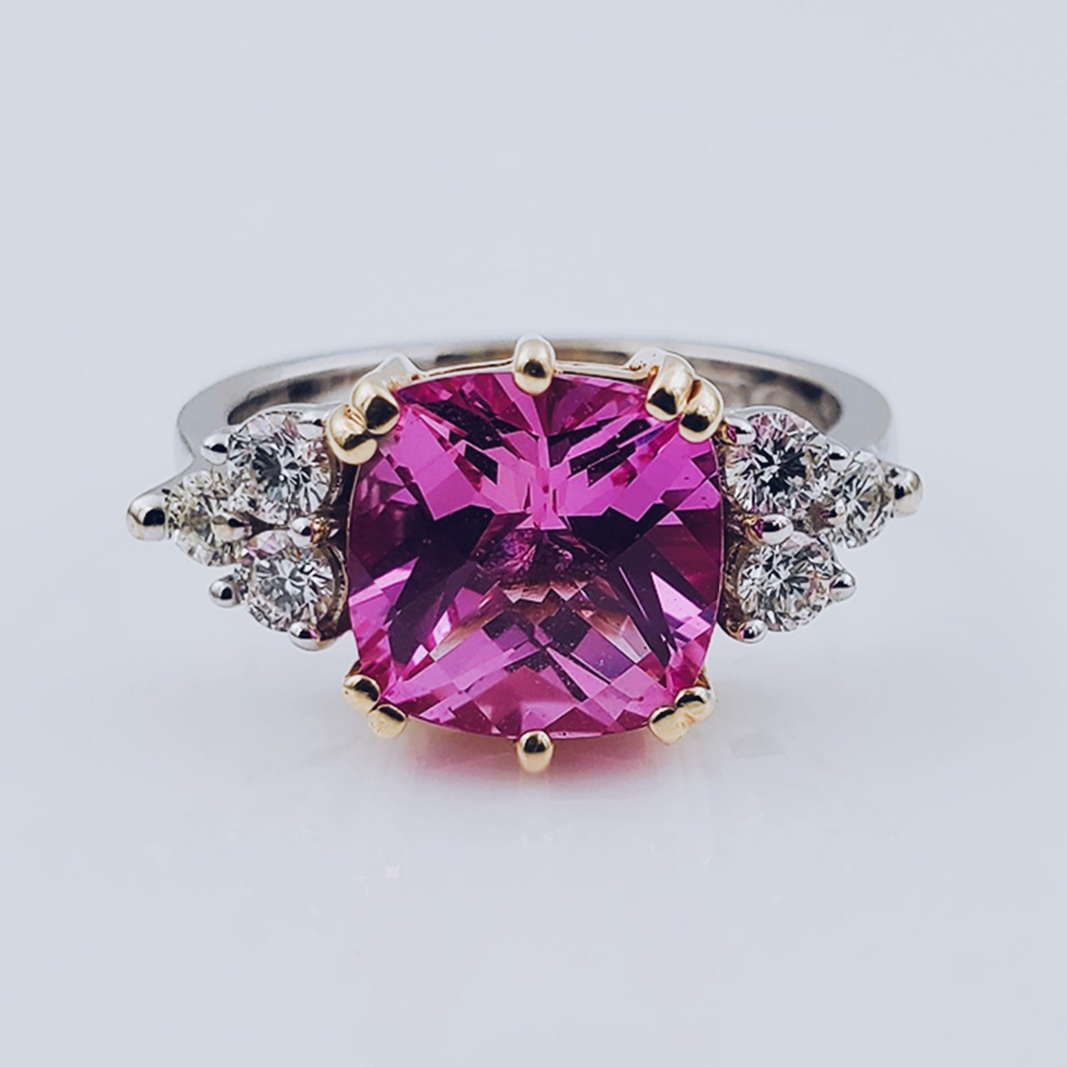 Women's 14K White Gold 6 Diamonds (0.48 CT) with Pink Sapphire Center Stone 6.00 CT (SI 3 Color F) 6.2 GR Anniversary Band. (Size: 6.5)
