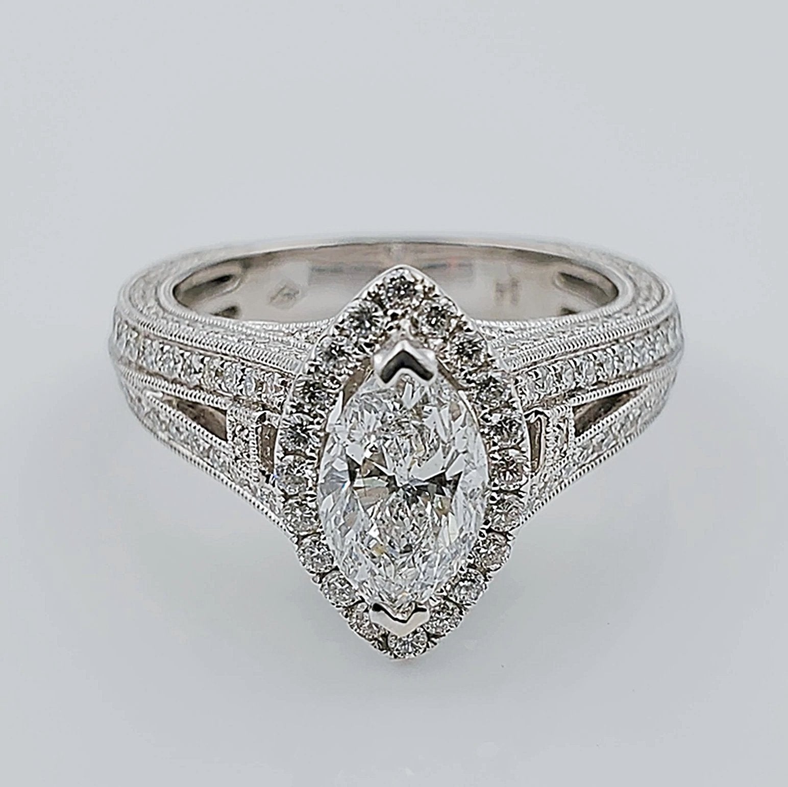 Women's 18K White Gold with 1.05 CT Marquis Diamond (SI2 Color F) 7.28 GR Total Weight Wedding Ring. (Size: 6.5)