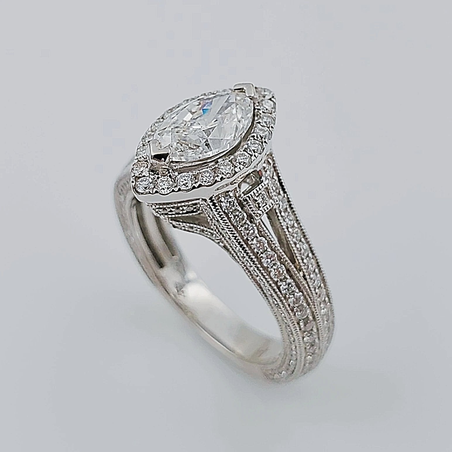 Women's 18K White Gold with 1.05 CT Marquis Diamond (SI2 Color F) 7.28 GR Total Weight Wedding Ring. (Size: 6.5)