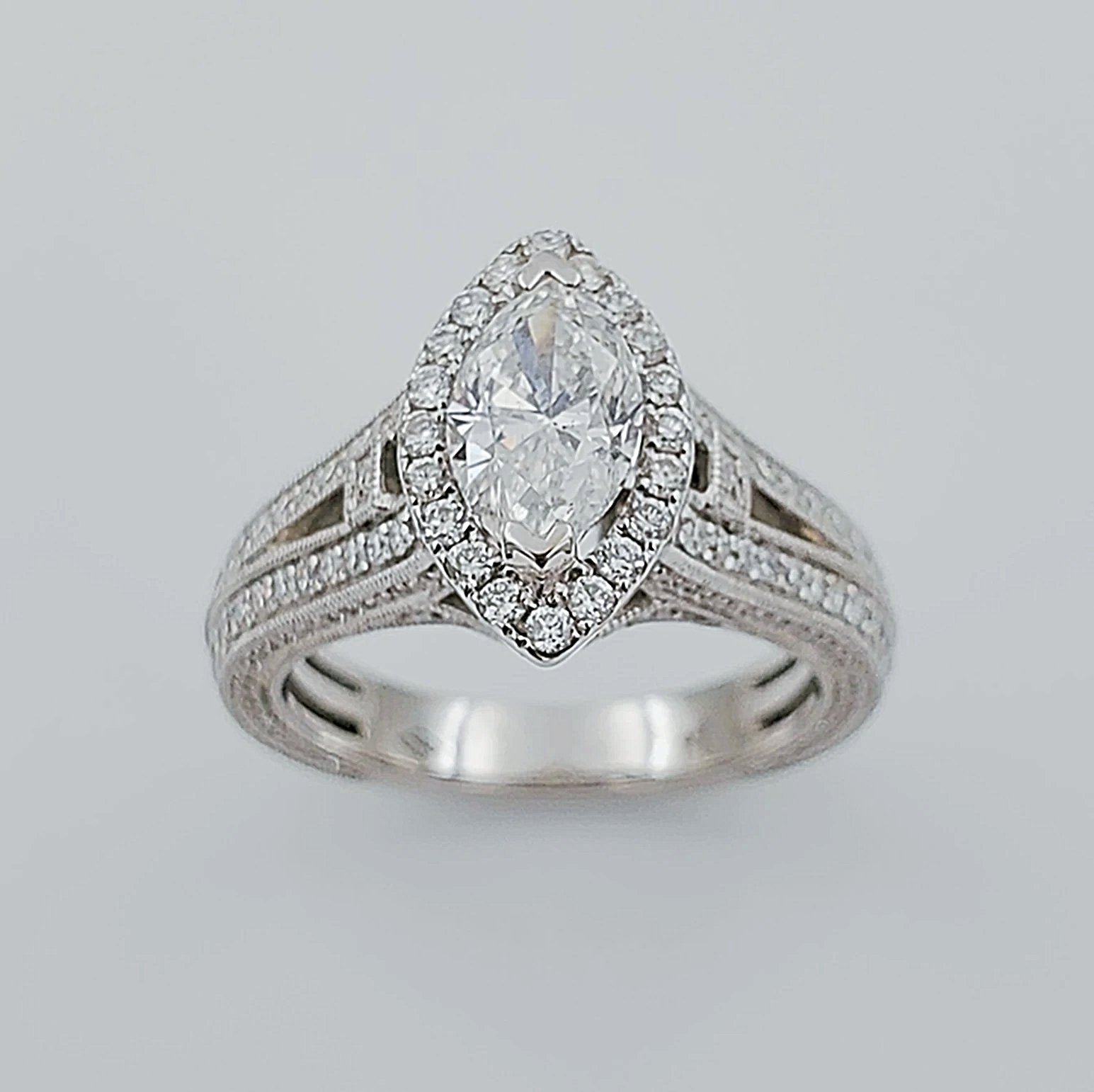 Women's 18K White Gold with 1.05 CT Marquis Diamond (SI2 Color F) 7.28 GR Total Weight Wedding Ring. (Size: 6.5)