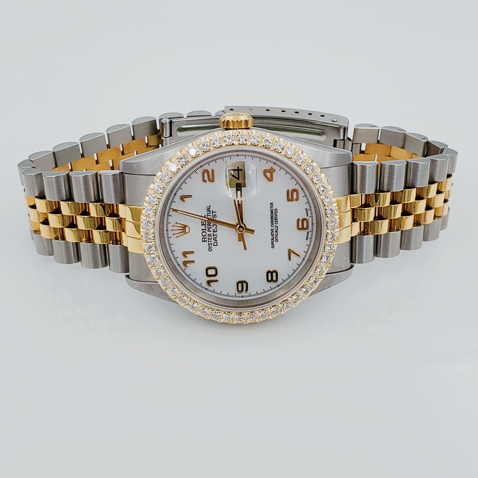 Men's Rolex 36mm DateJust 18K Gold / Stainless Steel Two Tone Watch with White Dial and 1.5 CT Custom Diamond Bezel. (NEW 16233)