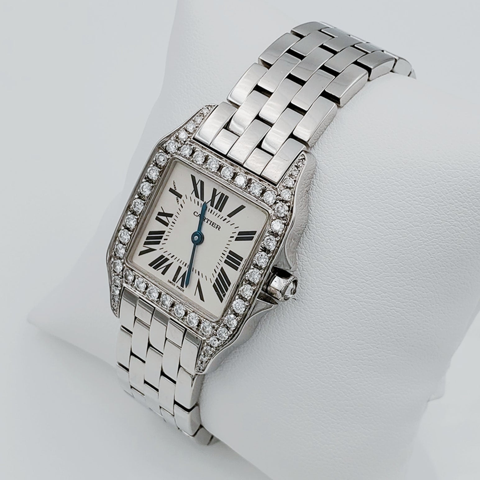 Ladies Medium Cartier Santos Watch with 1.00 CT Custom Diamond Bezel and Lugs In Polished Finish. (Pre-Owned W25065Z5)