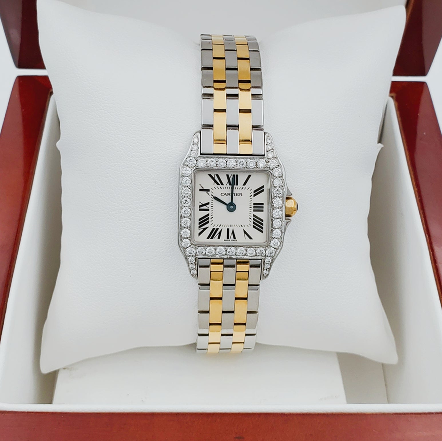 Ladies Small Cartier Santos Demoiselle 18K Yellow Gold / Stainless Steel Watch with Custom Diamond Bezel & Lugs. (Pre-Owned)