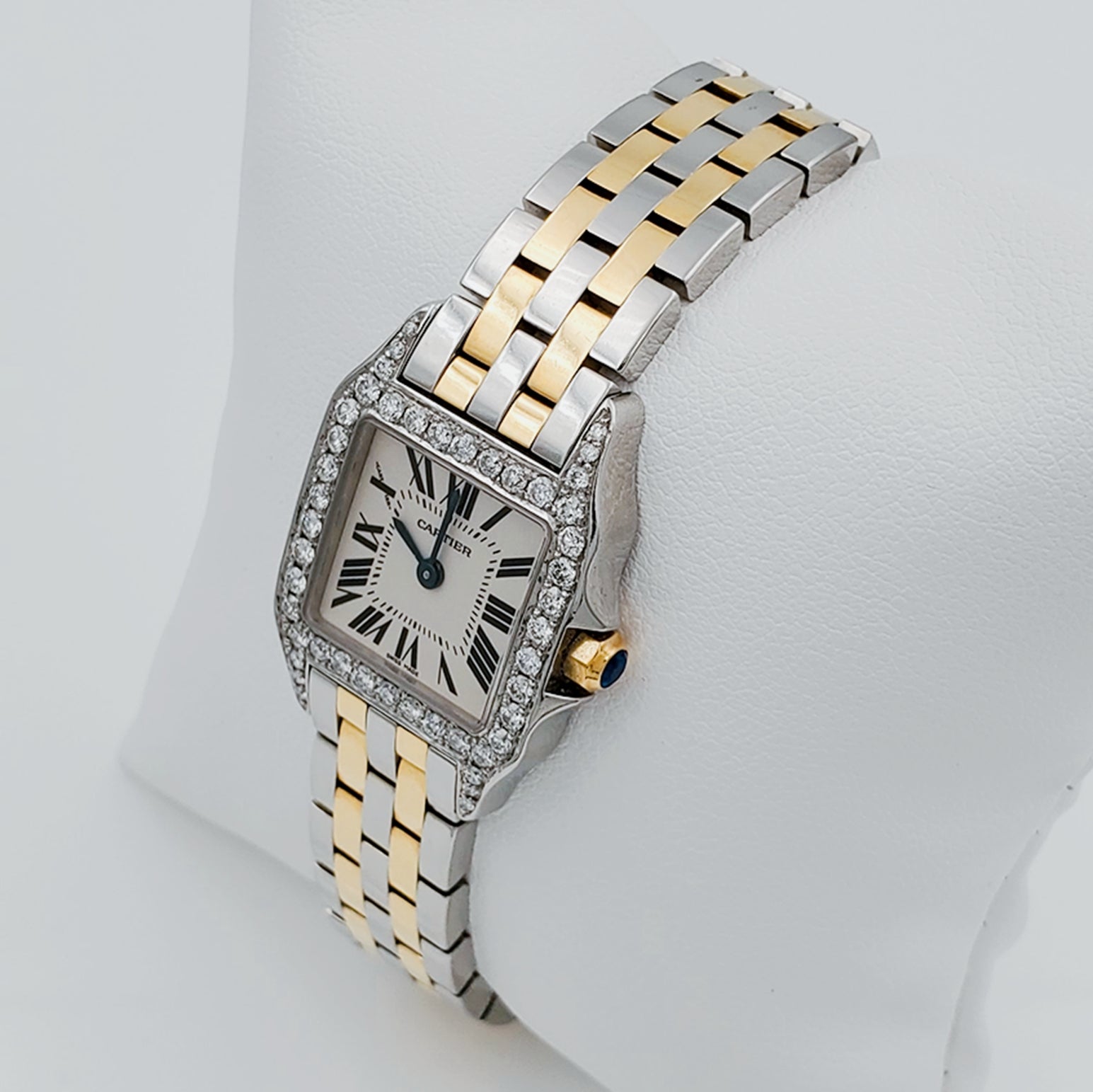 Ladies Small Cartier Santos Watch with Custom Diamond Bezel in Polished 18K Yellow Gold and Stainless Steel. (Pre-Owned)