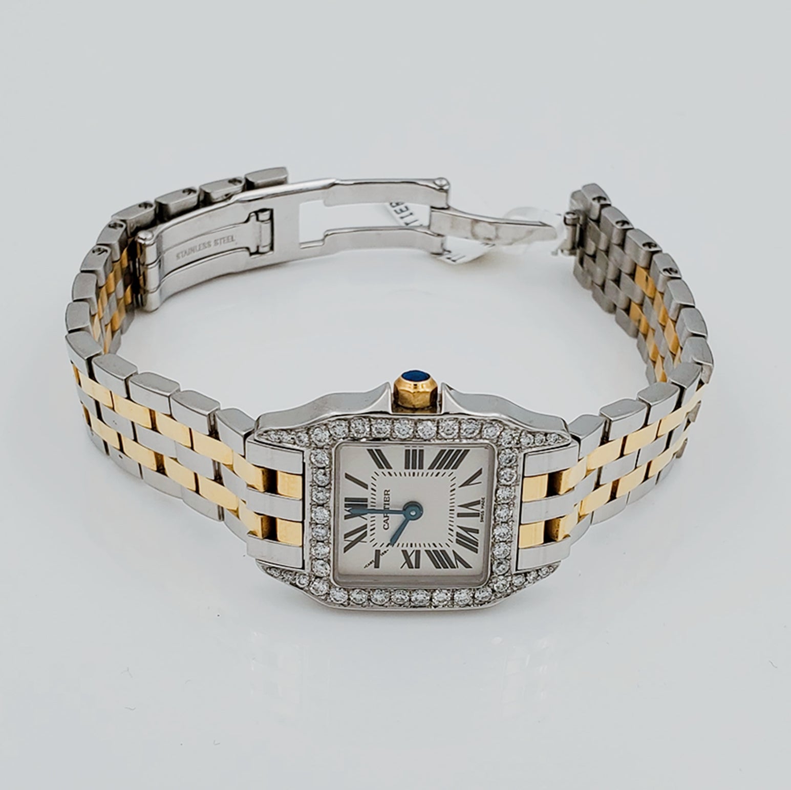 Ladies Small Cartier Santos Demoiselle 18K Yellow Gold / Stainless Steel Watch with Custom Diamond Bezel & Lugs. (Pre-Owned)
