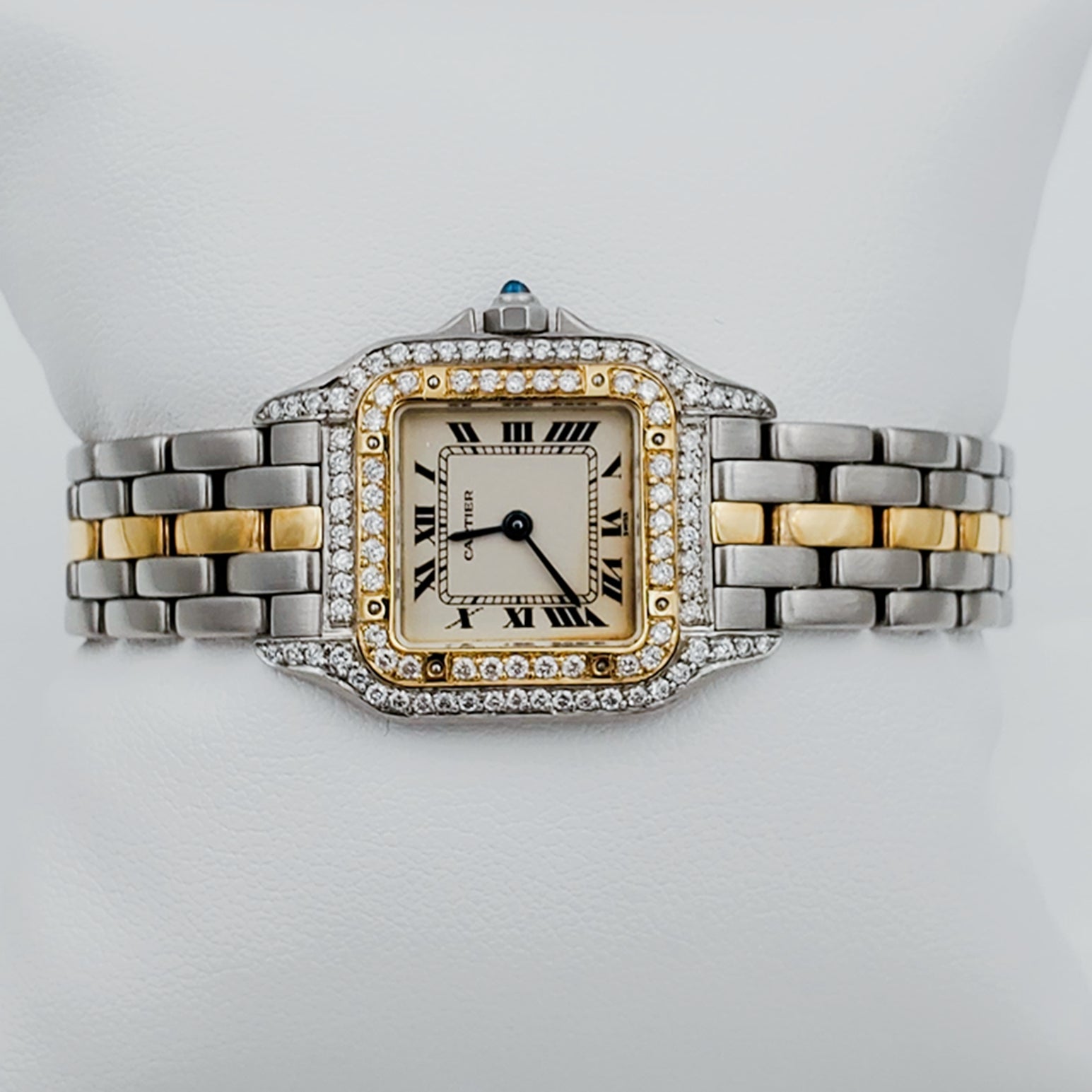 Ladies Small Cartier Panthere 22mm x 30mm Watch in 18K Yellow Gold / Stainless Steel with Diamond Bezel and White Dial. (Pre-Owned)
