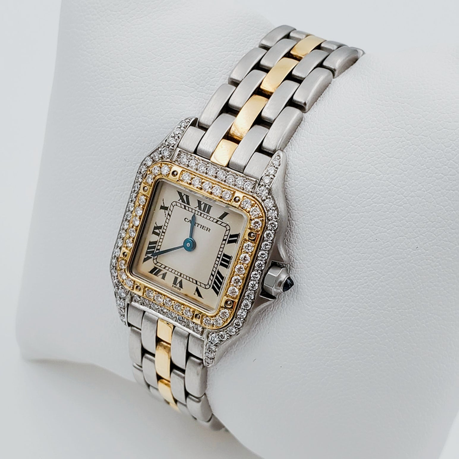 Ladies Small Cartier Panthere Watch in 18K Yellow Gold / Stainless Steel with Diamond Bezel and White Dial. (Pre-Owned)