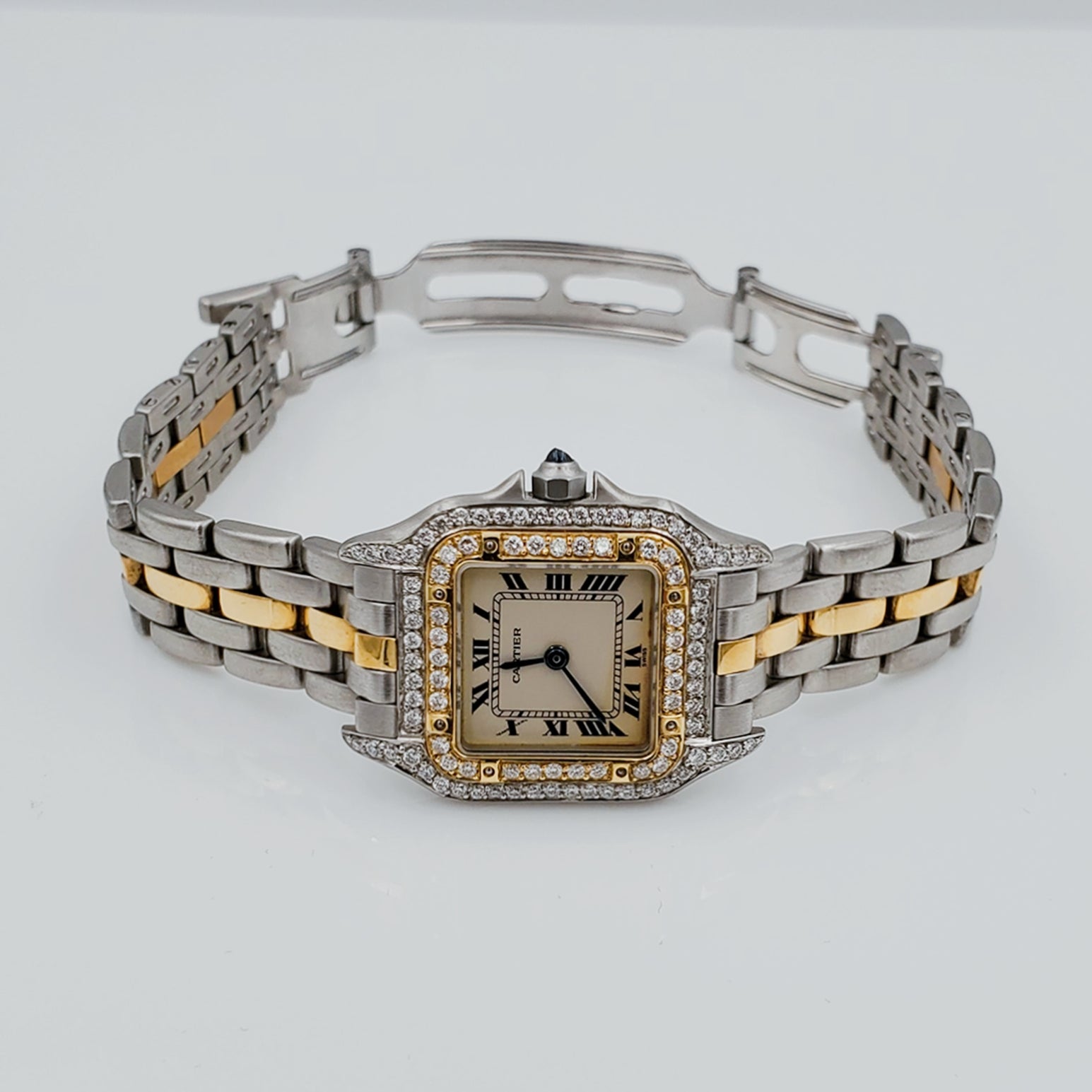 🏷️ PRICE CUT Ladies Small Cartier Panthere 22mm x 30mm Watch in 18K Yellow Gold / Stainless Steel with Diamond Bezel and White Dial. (Pre-Owned)