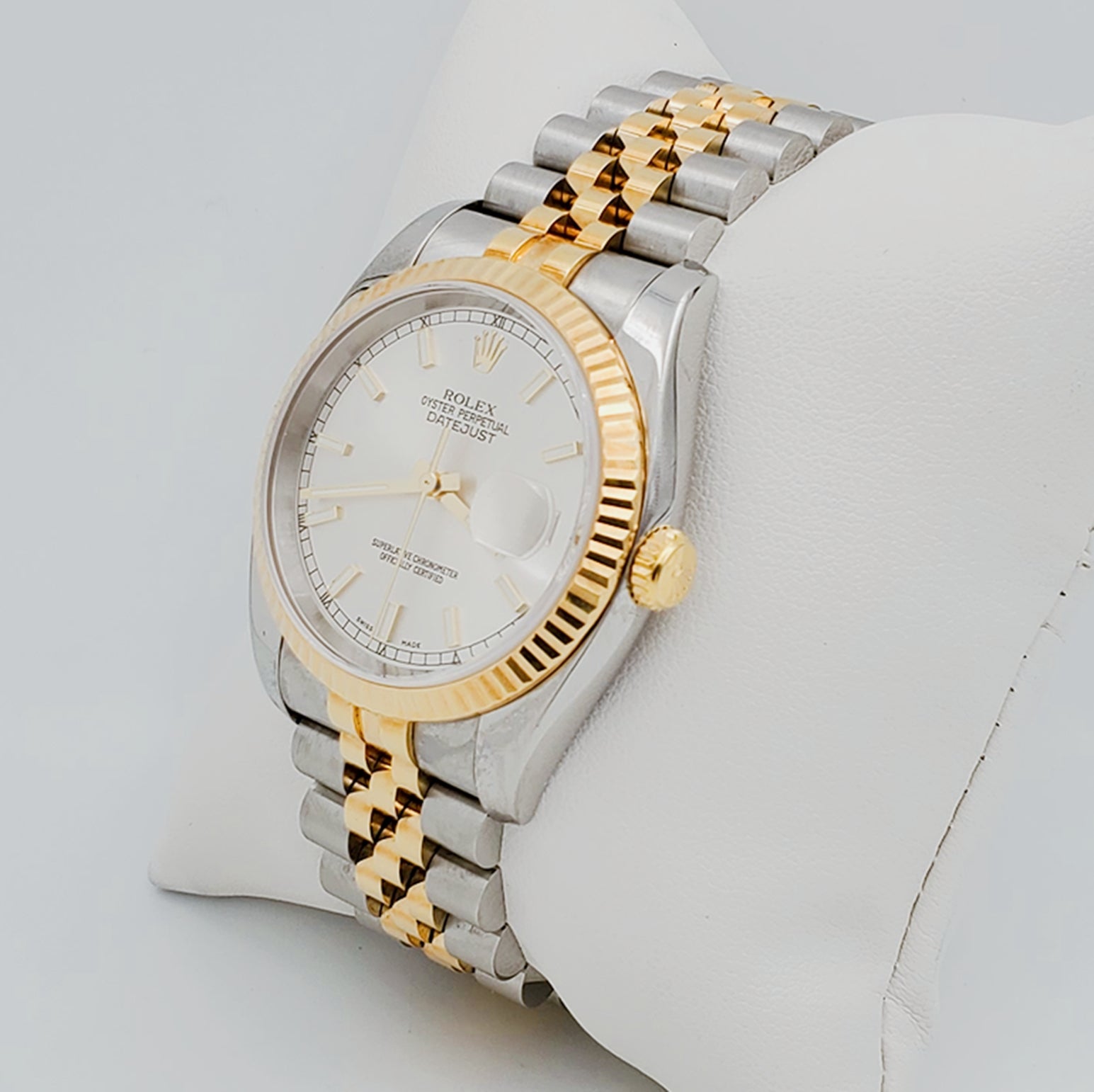 Men's Rolex 36mm DateJust 18K Yellow Gold / Stainless Steel Watch with Silver Dial, Jubilee Bracelet and Fluted Bezel. (Pre-Owned 112633)