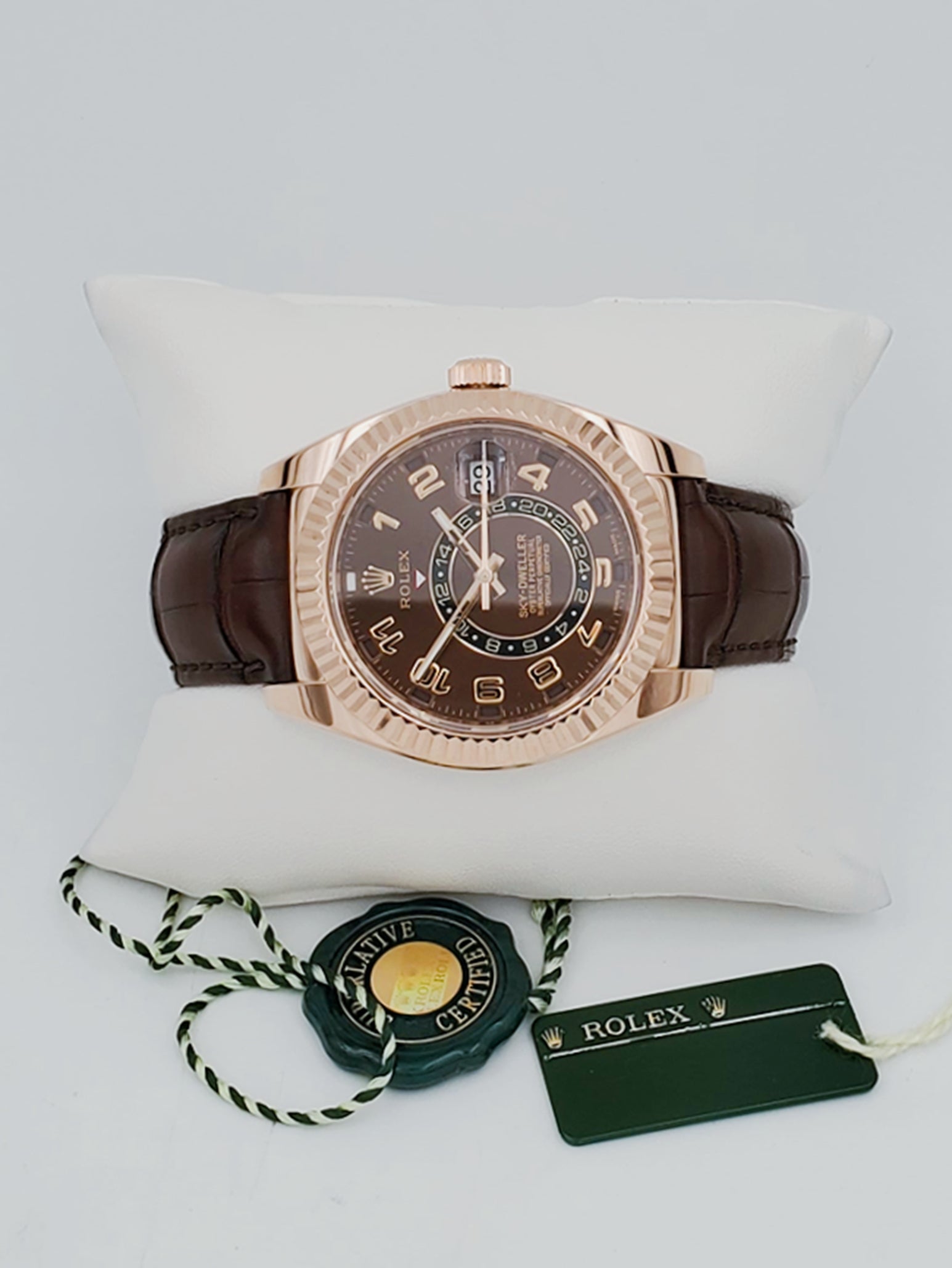 Men's Rolex 42mm Sky-Dweller Oyster Perpetual Watch with 18K Everose Gold, Chocolate Dial and Brown Leather Bracelet. (NEW 326135)