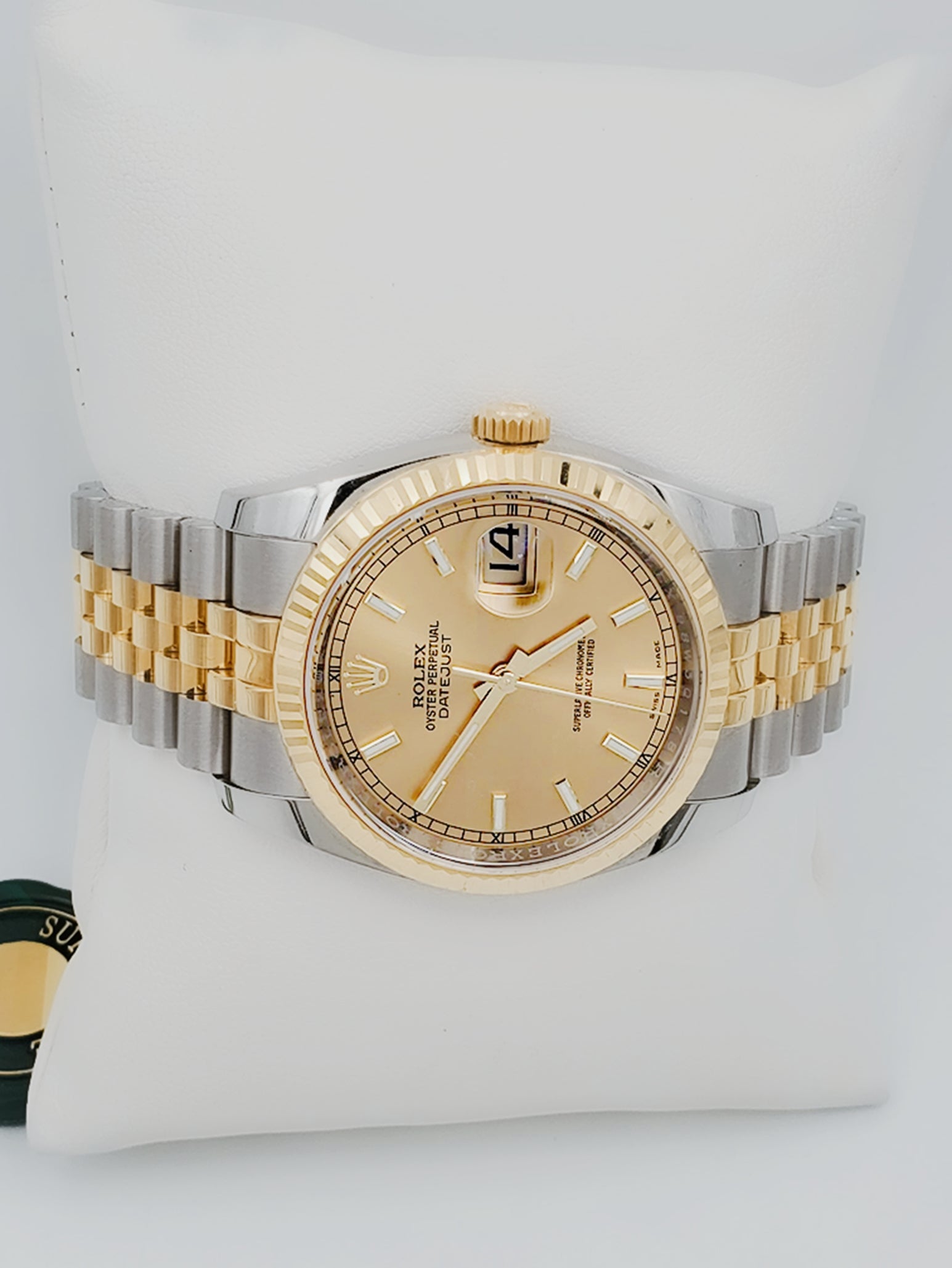 Men's Rolex 38mm DateJust 18K Yellow Gold / Stainless Steel Two Tone Watch with Champagne Dial and Fluted Bezel. (Pre-Owned 16233)