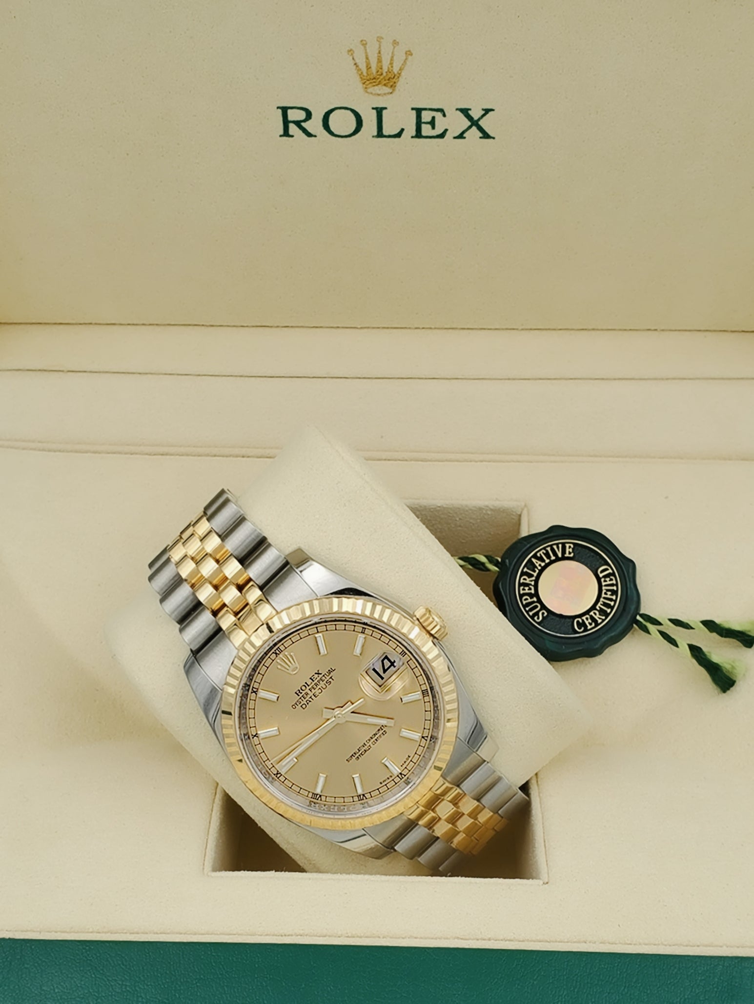 Men's Rolex 38mm DateJust 18K Yellow Gold / Stainless Steel Two Tone Watch with Champagne Dial and Fluted Bezel. (Pre-Owned 16233)