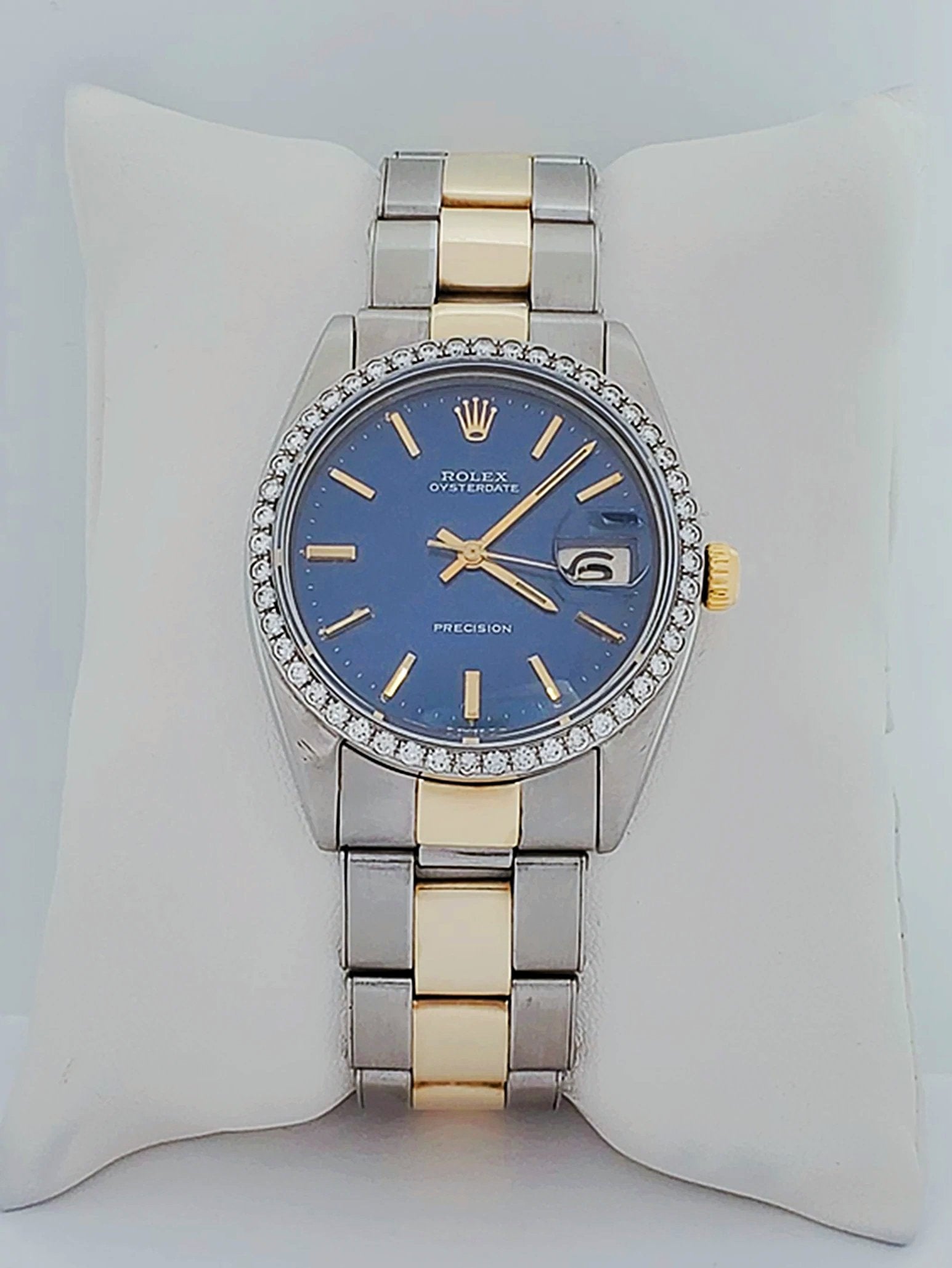 Unisex Rolex OysterDate 34mm Two Tone 14K Yellow Gold / Stainless Steel Watch with Blue Dial and Custom Diamond Bezel. (Pre-Owned 6694)