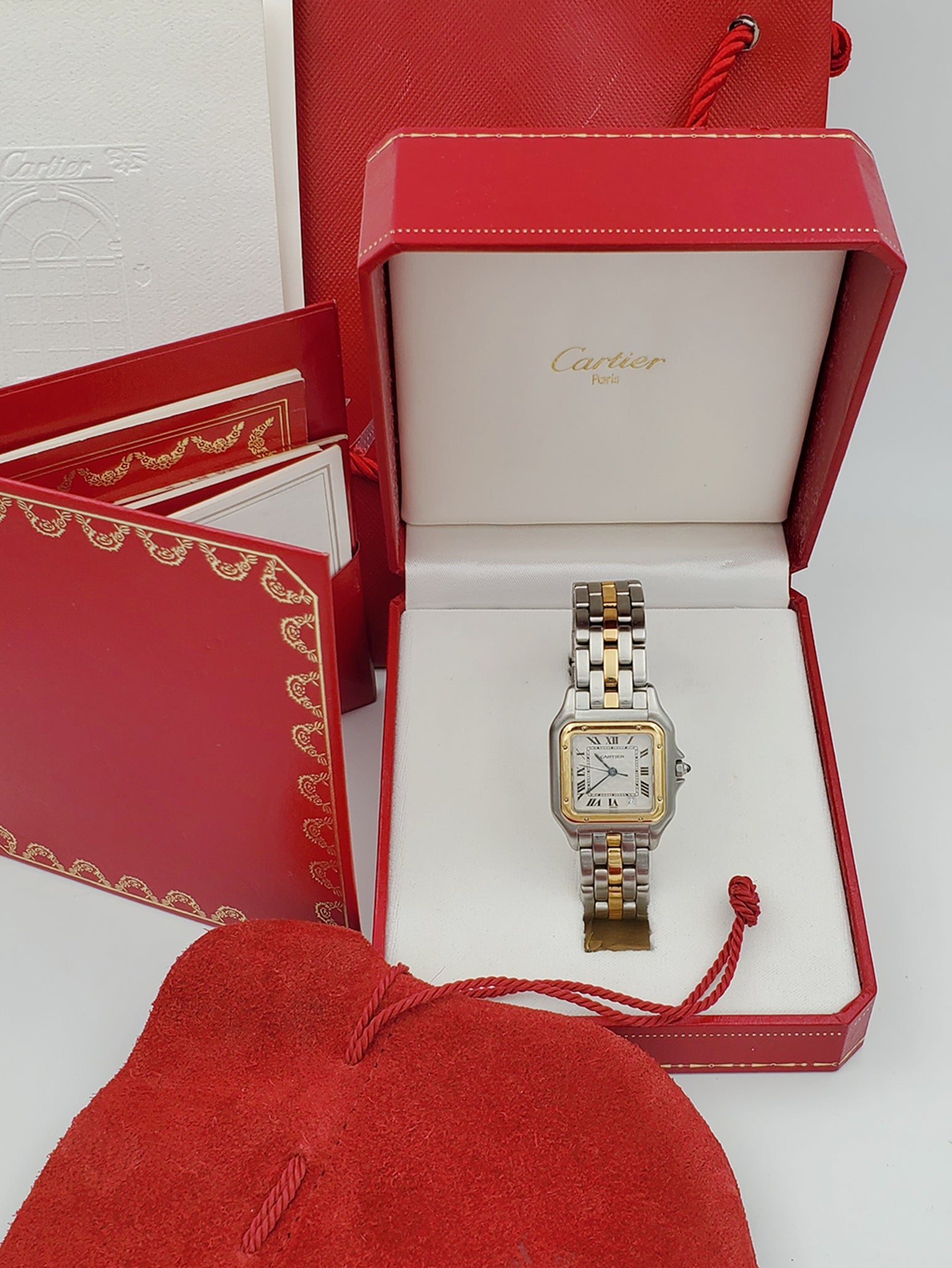 Ladies Medium Cartier Panthere Two Tone Watch with 18K Yellow Gold / Stainless Steel and White Dial. (Pre-Owned W25028B5)