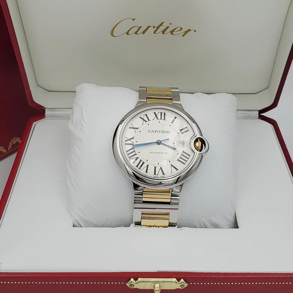 Men's Cartier 42mm Ballon Bleu Two Tone 18K Yellow Gold / Stainless Steel Watch with Roman Numeral Silver Dial and Smooth Bezel. (NEW W2BB0031)