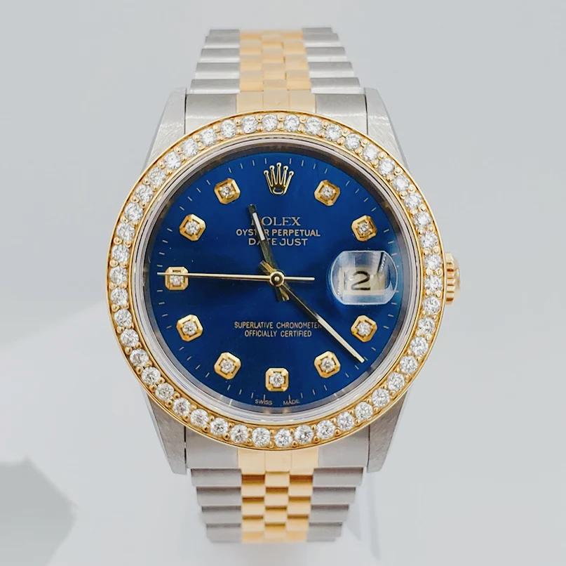 Men's Rolex 36mm DateJust 18K Gold / Stainless Steel Two Tone Watch with Blue Diamond Dial and Diamond Bezel. (NEW 16233)