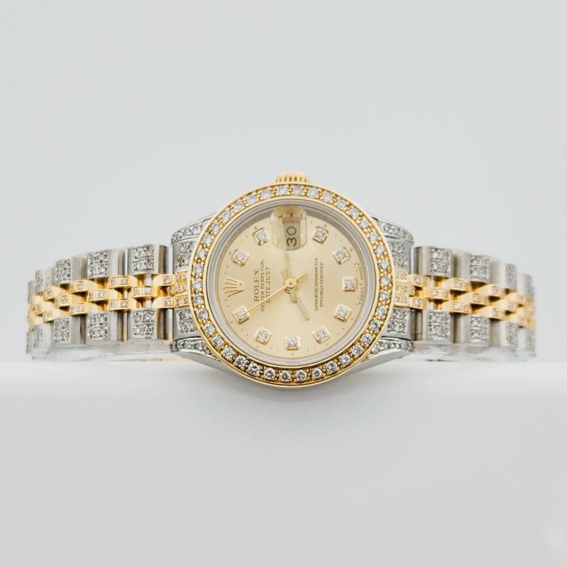 Ladies Rolex 26mm DateJust 18K Gold / Stainless Steel Watch with Diamond Band, Diamond Dial and Diamond Bezel. (Pre-Owned)