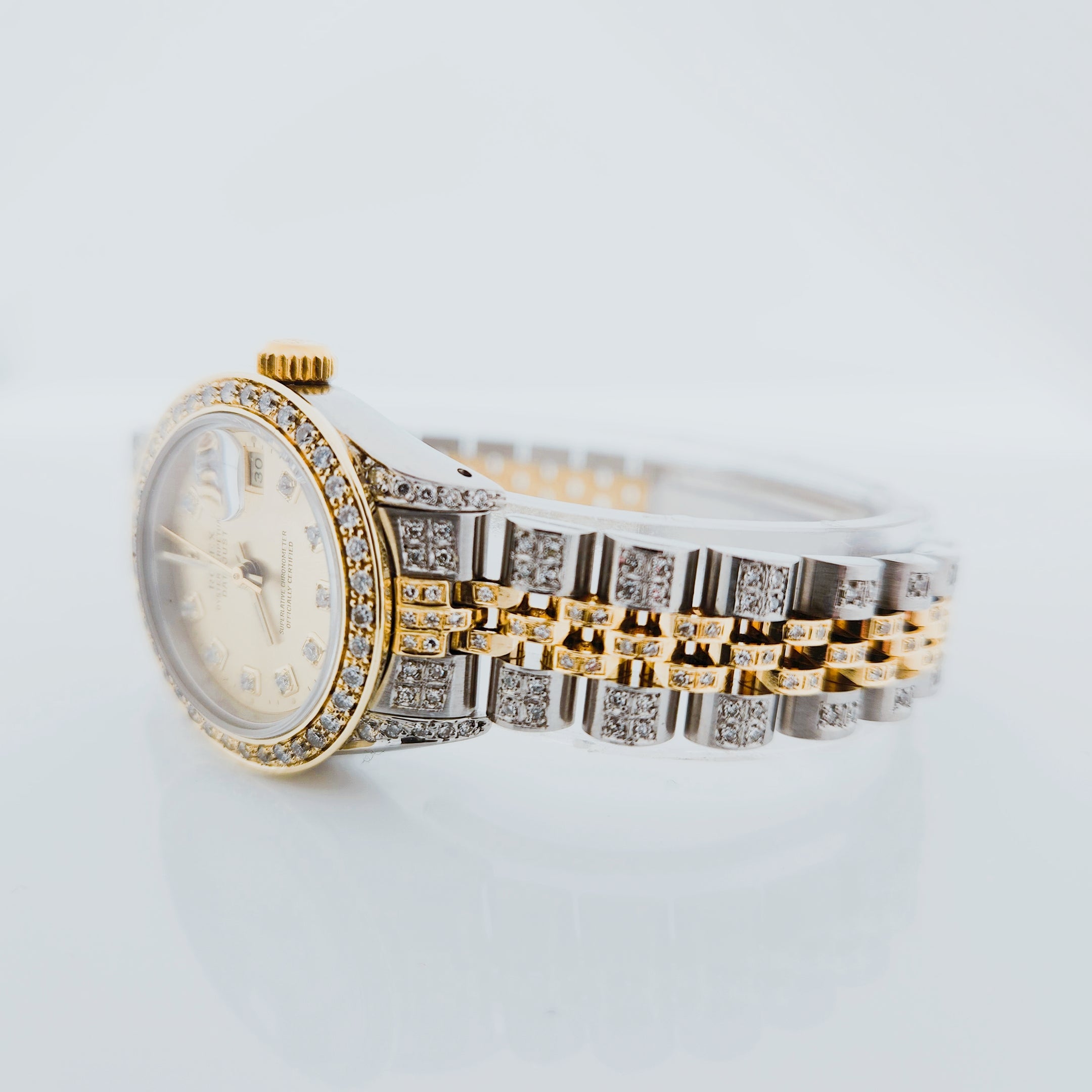 Ladies Rolex 26mm DateJust 18K Gold / Stainless Steel Watch with Diamond Band, Diamond Dial and Diamond Bezel. (Pre-Owned)