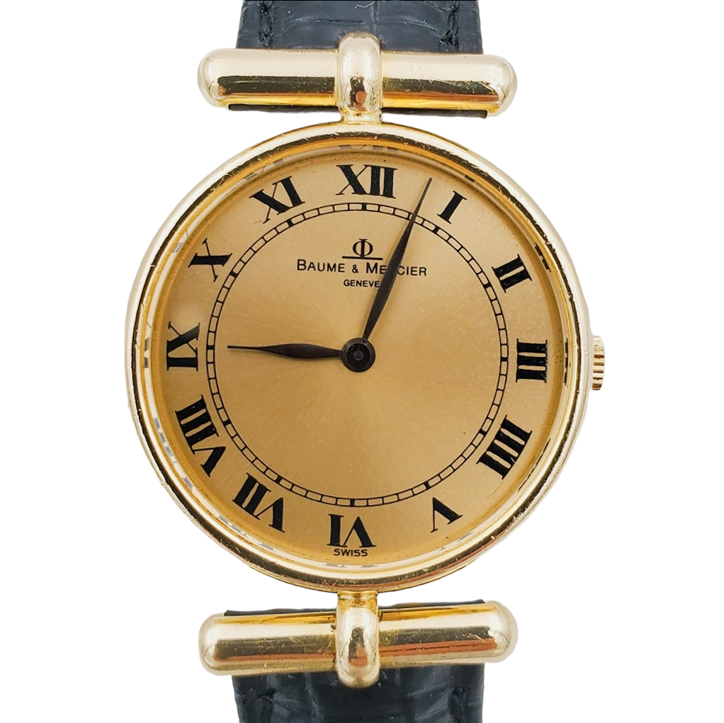 Ladies Baume & Mercier 29mm - 18K Yellow Gold Watch with Black Leather Band and Gold Dial. (Pre-Owned)