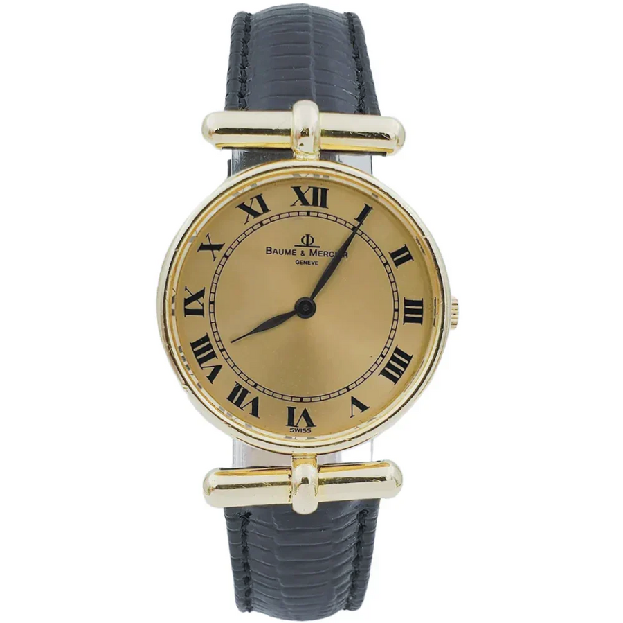 Ladies Baume & Mercier 29mm - 18K Yellow Gold Watch with Black Leather Band and Gold Dial. (Pre-Owned)