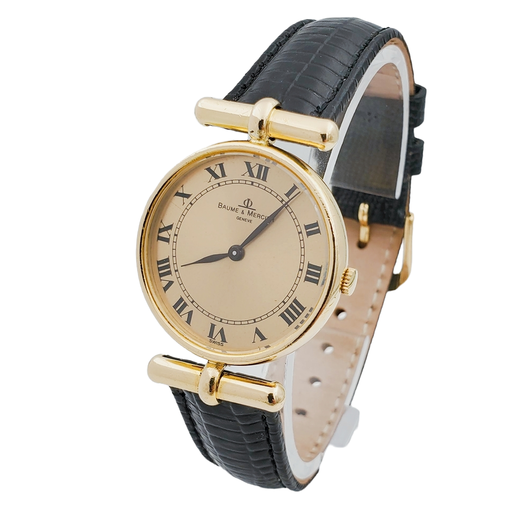 Ladies Baume & Mercier 29mm - 18K Yellow Gold Watch with Black Leather Band and Gold Dial. (Pre-Owned)