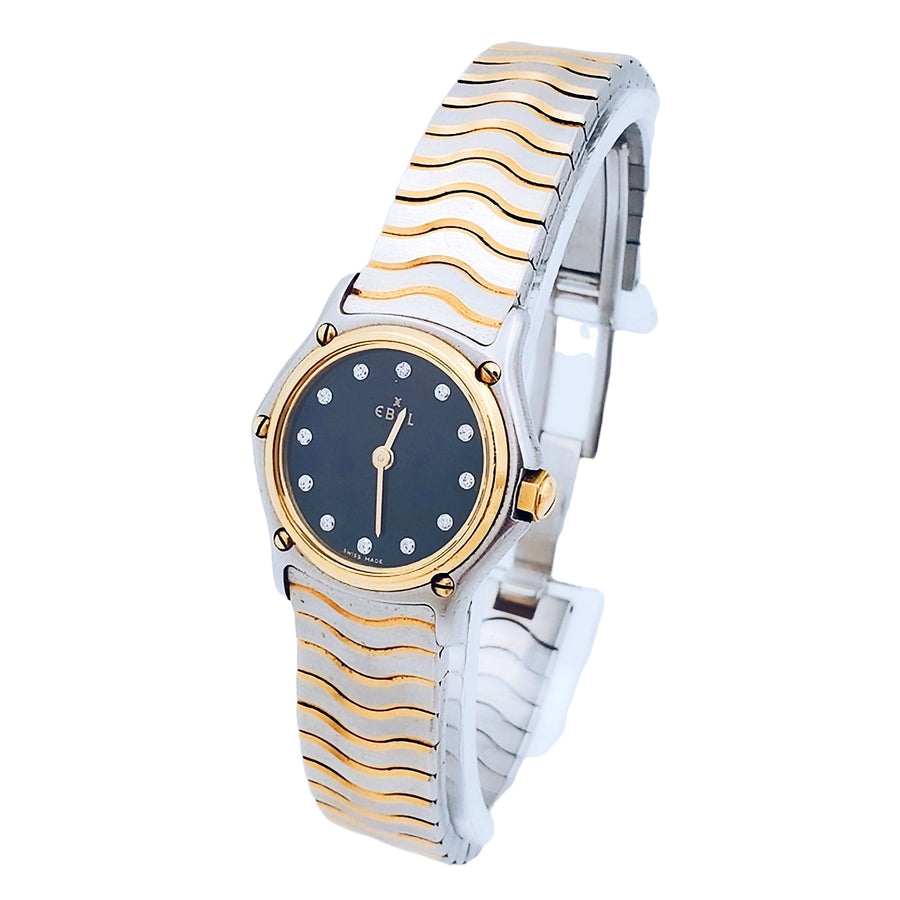 Ladies Ebel 23mm Petite Two Tone 18K Yellow Gold / Stainless Steel Band Watch with Black Diamond Dial. (Pre-Owned)