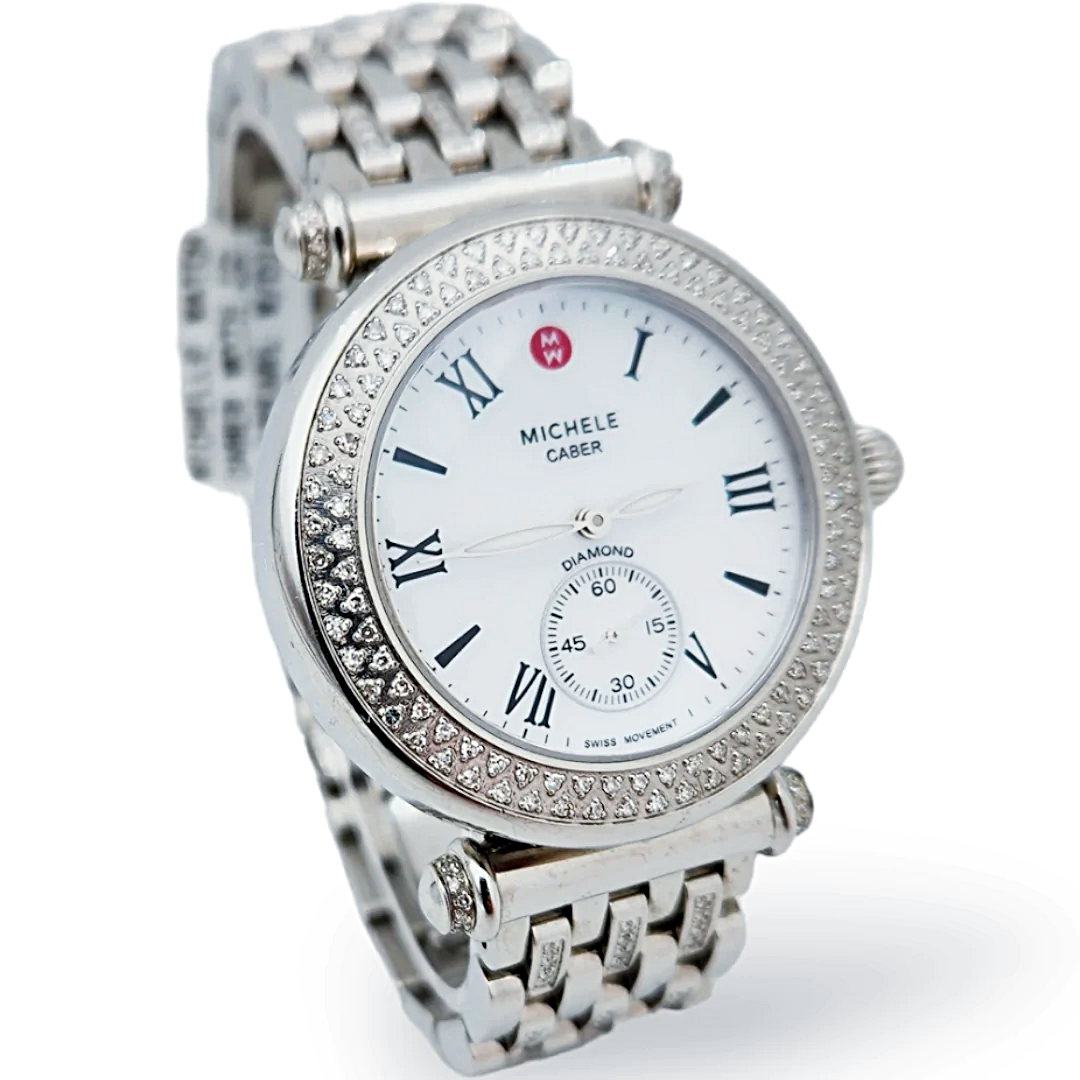 🏷️ PRICE CUT Ladies Michele Caber 37mm Stainless Steel Watch with Mother of Pearl Chronograph Dial and Diamond Bezel. (Pre-Owned)