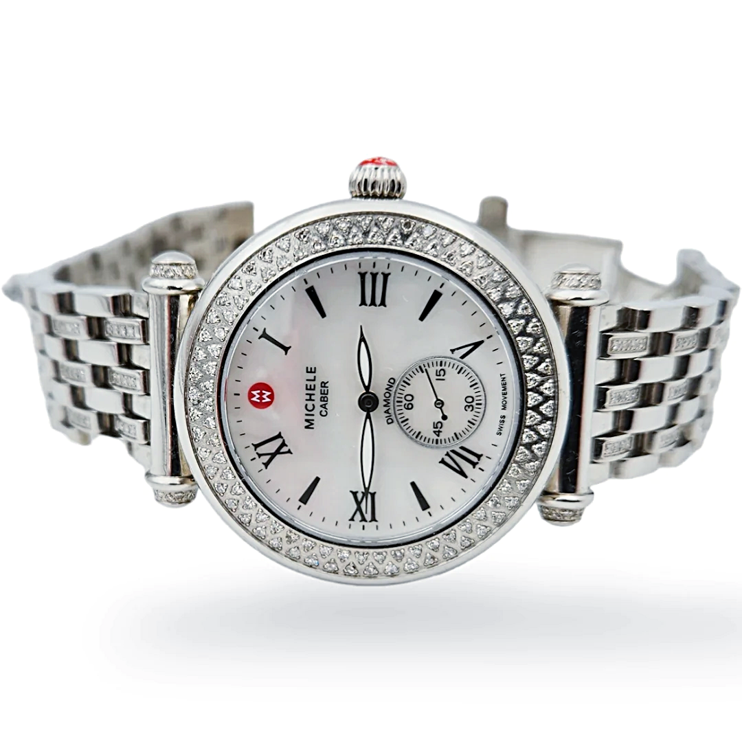 Ladies Michele Caber 37mm Stainless Steel Watch with Mother of Pearl Chronograph Dial and Diamond Bezel. (Pre-Owned)