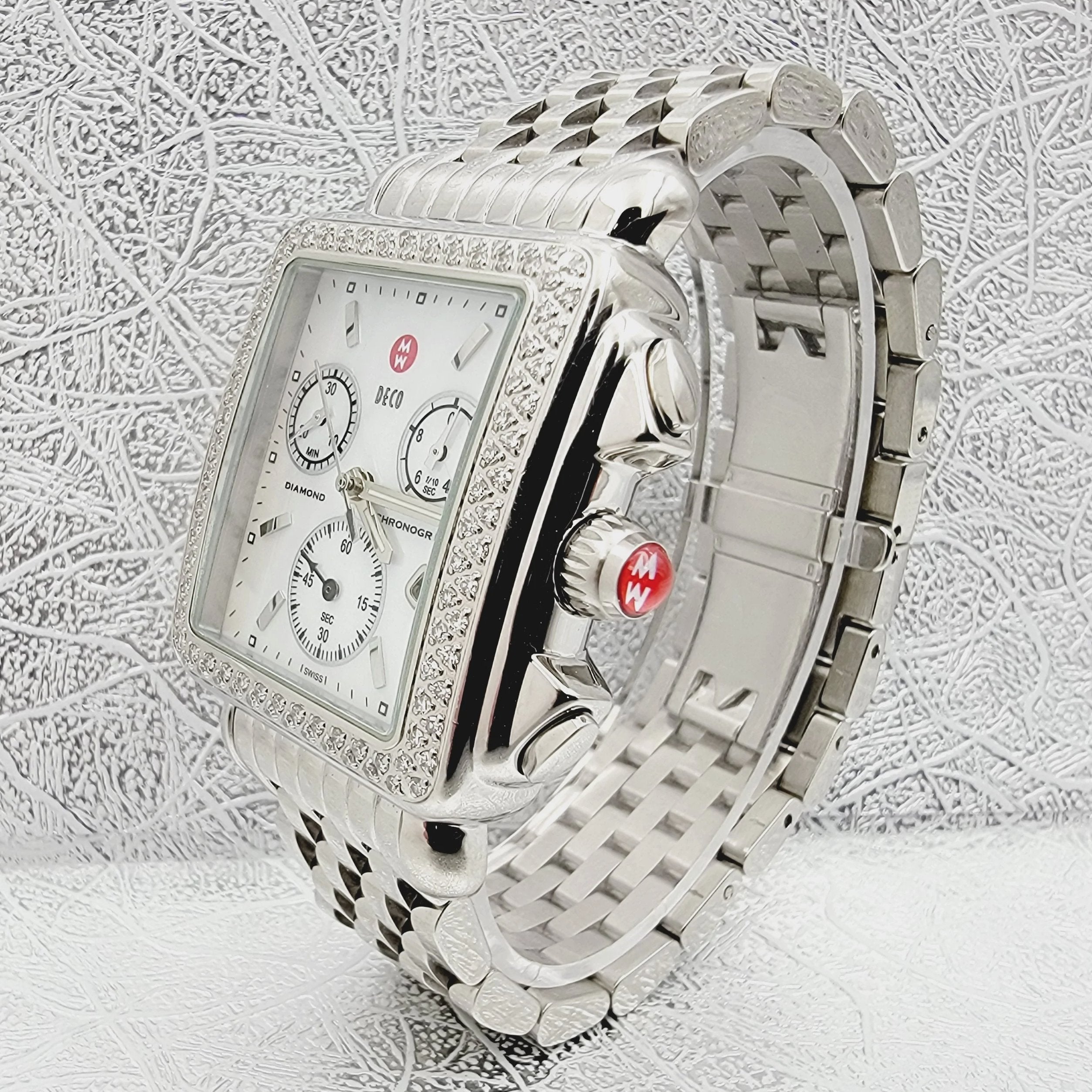 Ladies Michele Deco 33mm Stainless Steel Watch with Mother of Pearl Chronograph Dial and Diamond Bezel. (Pre-Owned 71-6000)