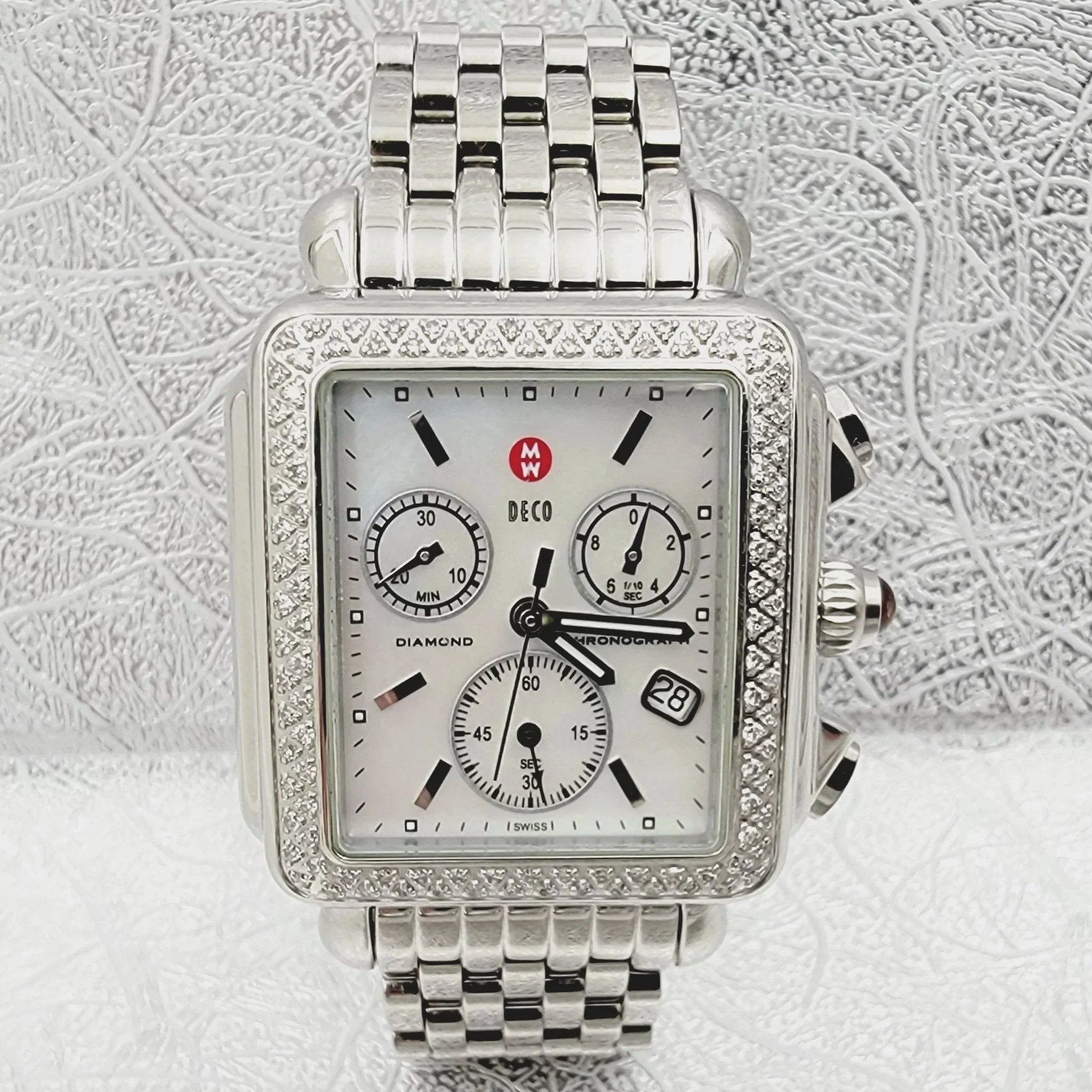 Ladies Michele Deco 33mm Stainless Steel Watch with Mother of Pearl Chronograph Dial and Diamond Bezel. (Pre-Owned 71-6000)