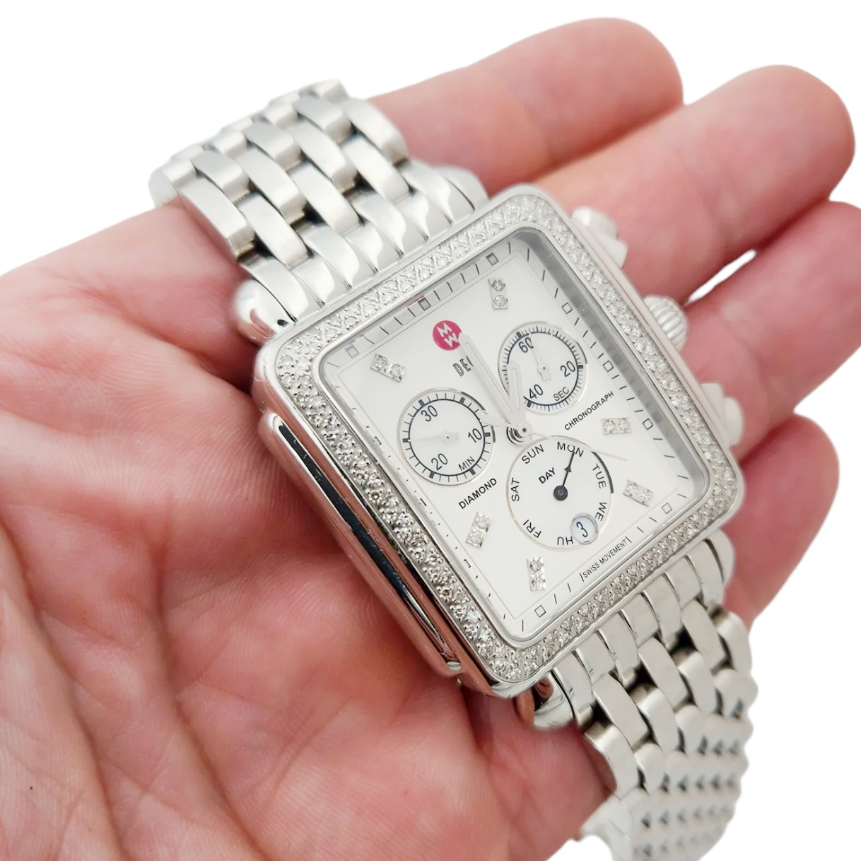 Ladies Michele Deco 37mm XL Stainless Steel Watch with Mother of Pearl Chronograph Dial and Diamond Bezel. (Pre-Owned)