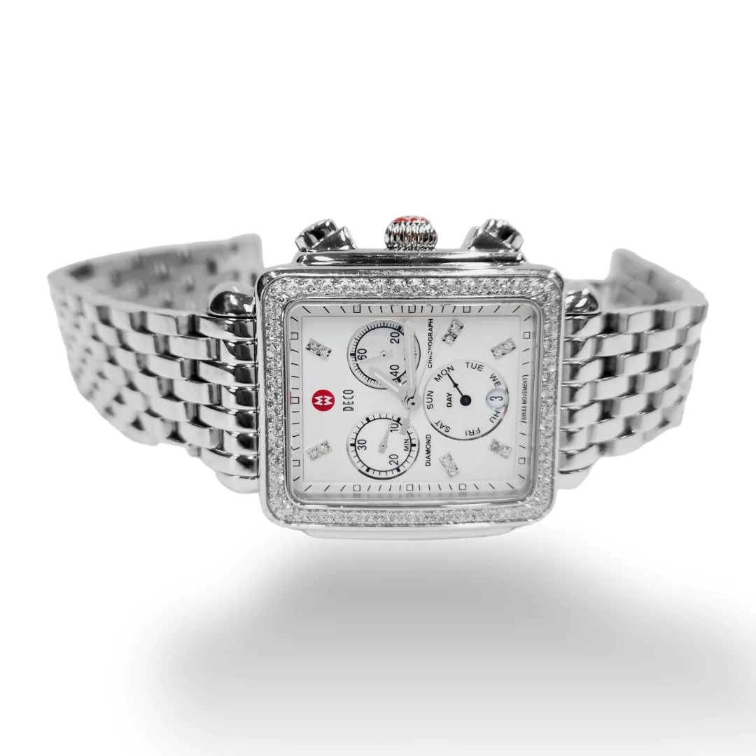 Ladies Michele Deco 37mm XL Stainless Steel Watch with Mother of Pearl Chronograph Dial and Diamond Bezel. (Pre-Owned)